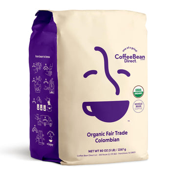 Coffee Bean Direct Organic Fair Trade Colombian, Whole Bean Coffee, Light Roast, 5 Pound Bag (Pack of 1)