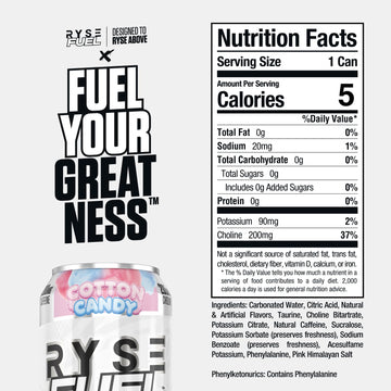 RYSE Fuel Energy Drink - Cotton Candy Flavor - Sugar Free, Vegan - 200mg Caffeine - 16 Fl Oz Cans (12-Pack)