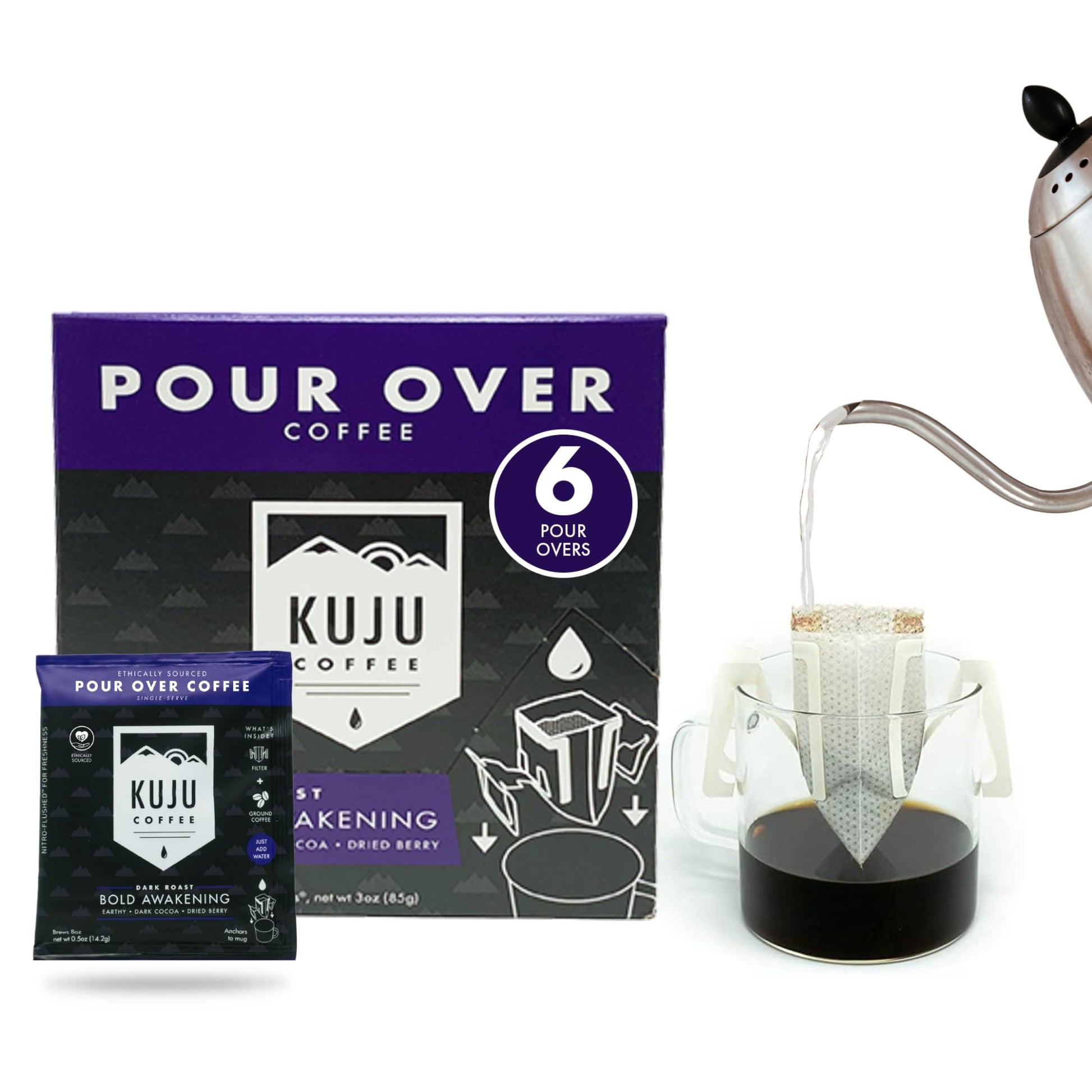 Kuju Coffee Premium Pour Over Singles - Dark Roast, 0.5 Ounce Pack of 6 - Model KUJU-BA-06
