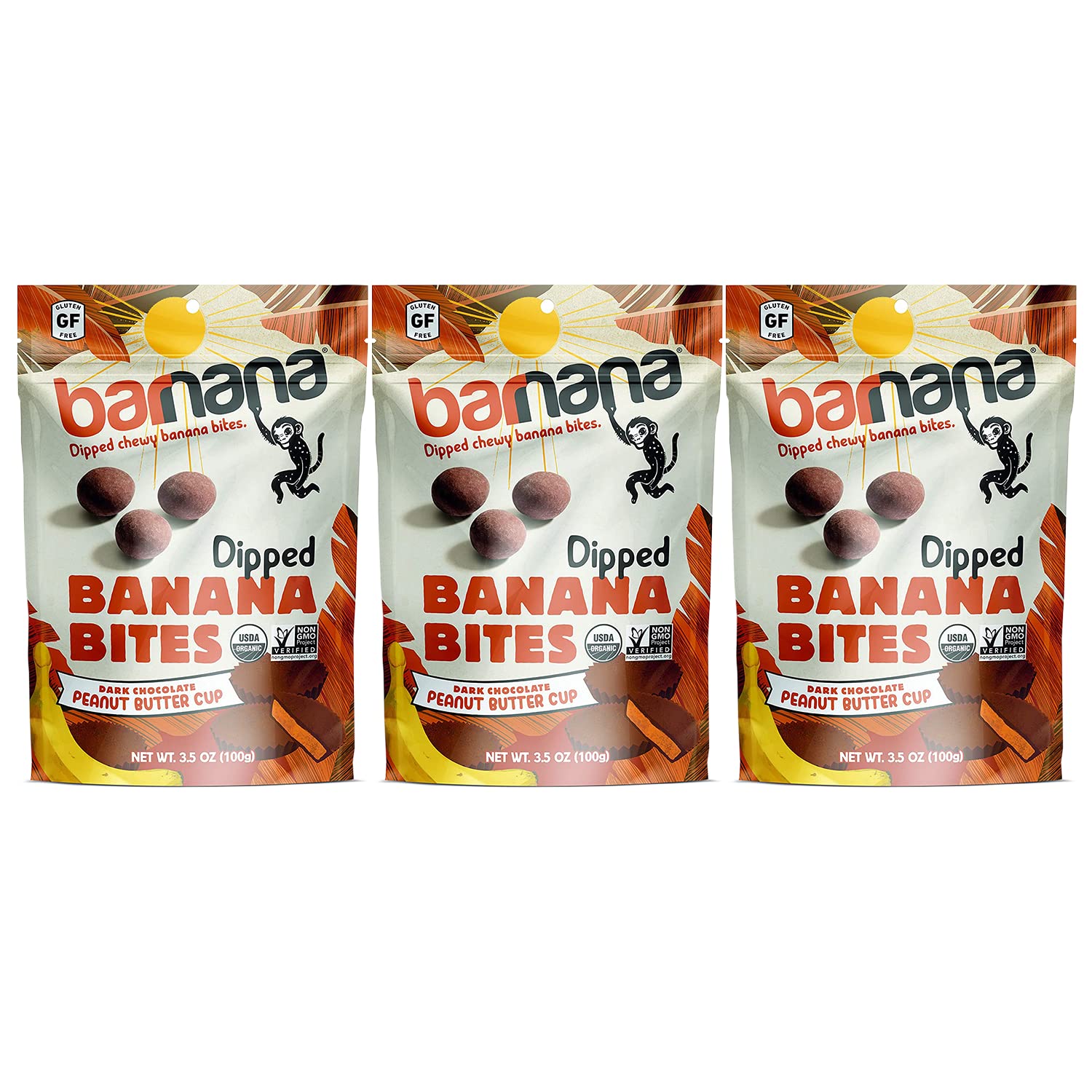 Barnana Organic Peanut Butter Cup Chewy Banana Bites, 3.5 Ounce Bag (Pack of 3)