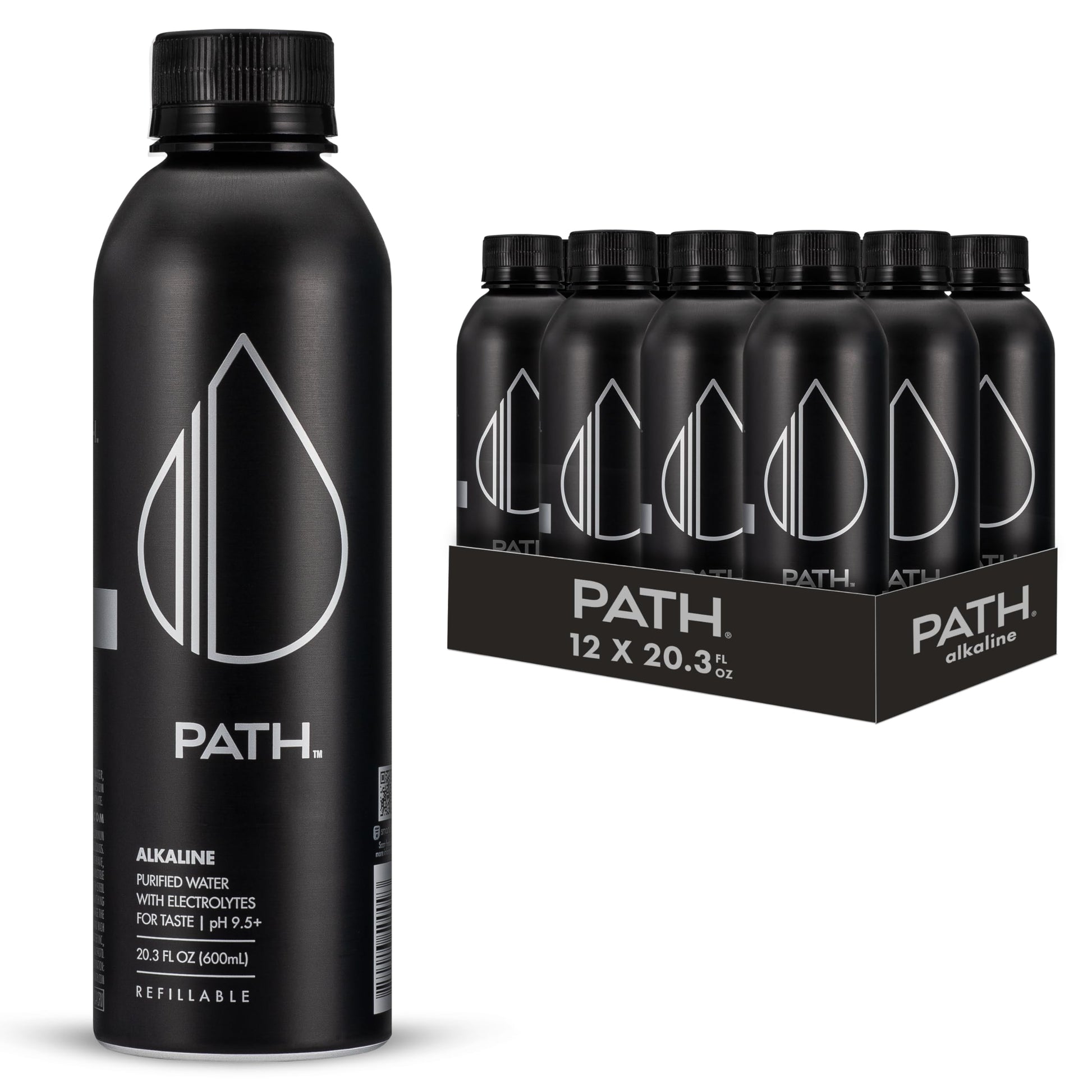 PATHWATER Alkaline Bottled Water - 9.5 pH, Electrolytes, BPA-Free - 20.3 fl oz (Pack of 12)