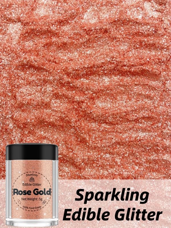 Shanlinly Rose Gold Edible Glitter - Food Grade Shimmer Dust for Cakes, Cookies, Cupcakes, 5g