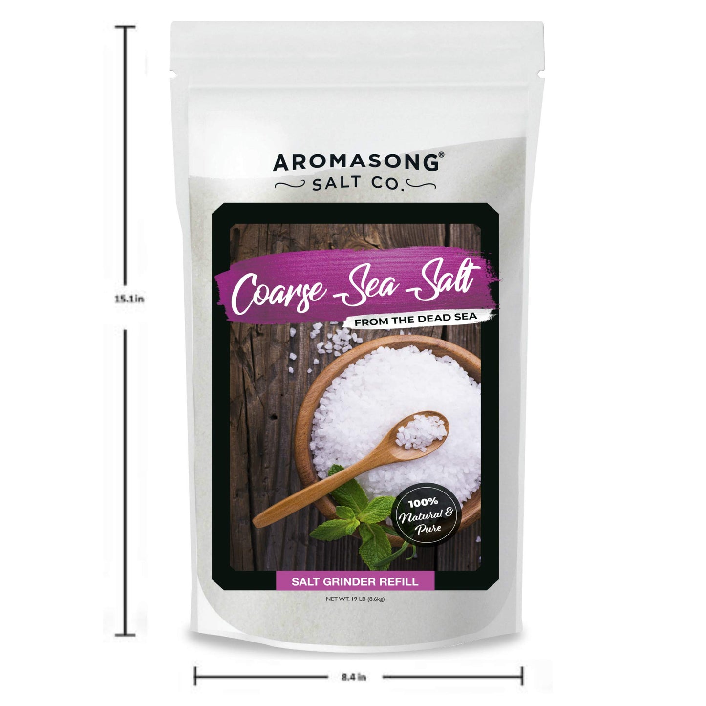 Aromasong 100% Natural Sea Salt Bulk Food Grade 19 Lb, Coarse Grain, Large Resealable Bag, Pure Dead Sea Salt, Gluten Free Unref