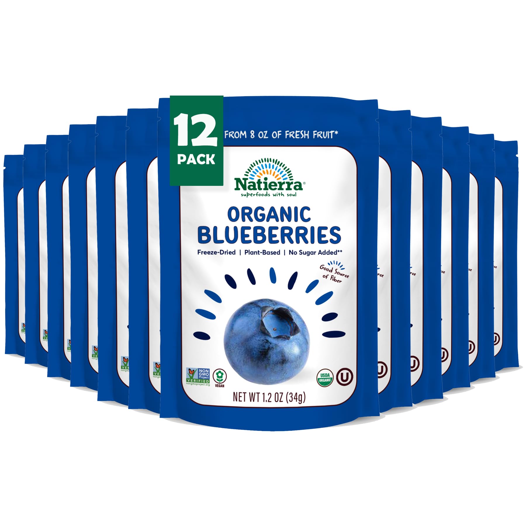 Natierra Nature's All Foods Organic Freeze-Dried Non-GMO & Vegan, Blueberries, 1.2 Ounce (Pack of 12)