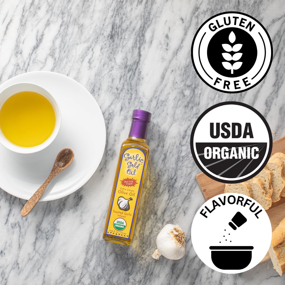 Premium Certified Organic Extra Virgin Olive Oil Infused with Garlic, Low FODMAP, Garlic Gold (8.44 fl oz)