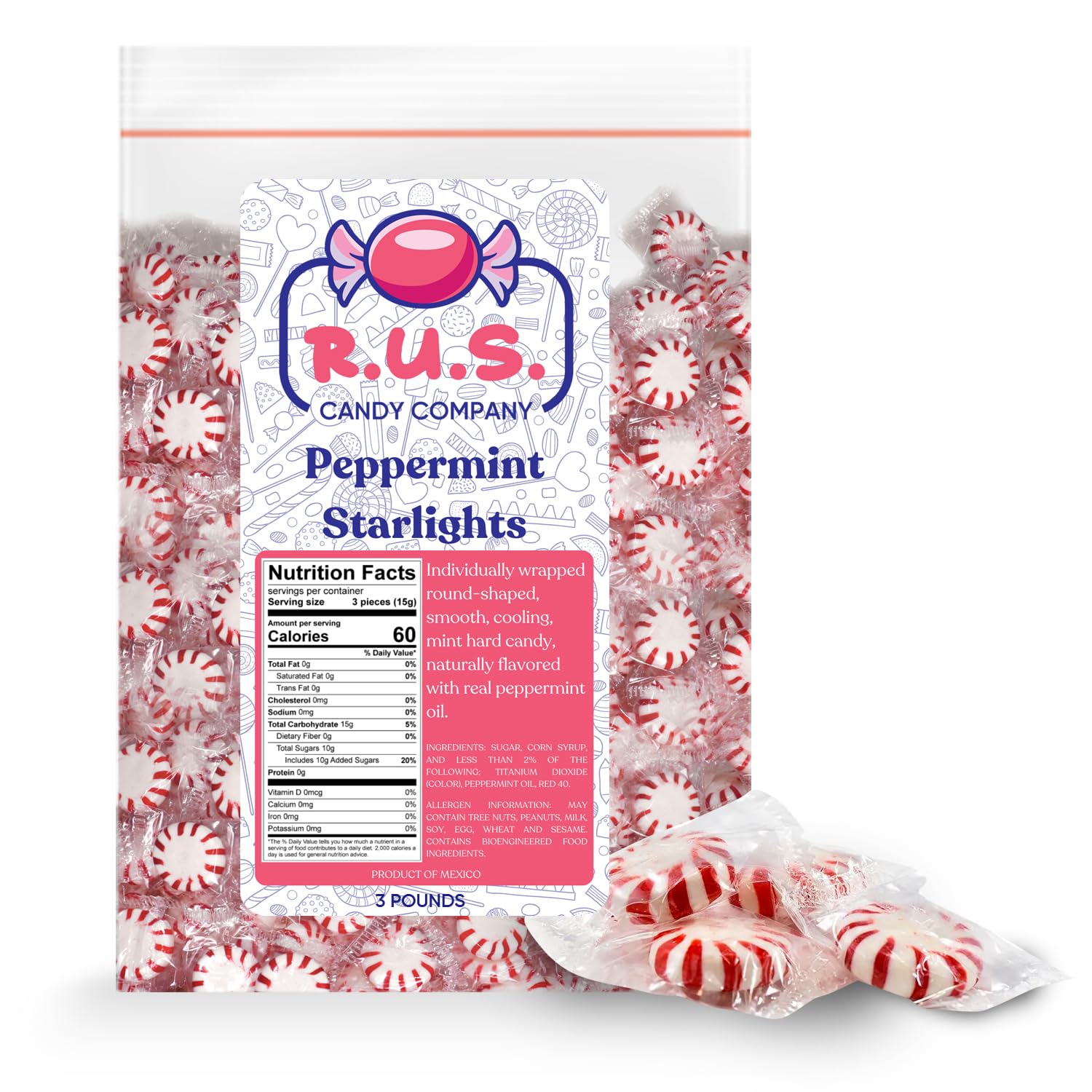 R.U.S. Candy Company Peppermint Starlite Candy - 3 Pound Bag - Refreshing Hard Mint Candy Perfect for Parties and Holiday Celebr