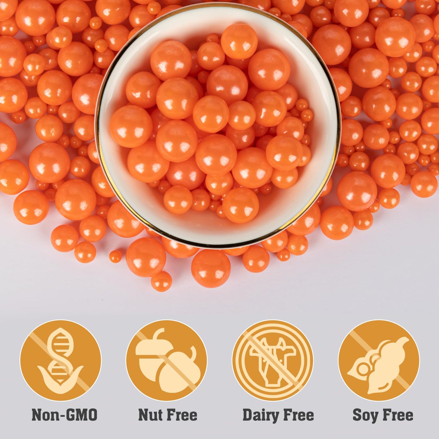 Twisweet Orange Pearl Sprinkles for Cake Decorating, Edible Sugar Pearls for Baking, Mix Size, Cake Topper Cupcake Cookie Ice Cr