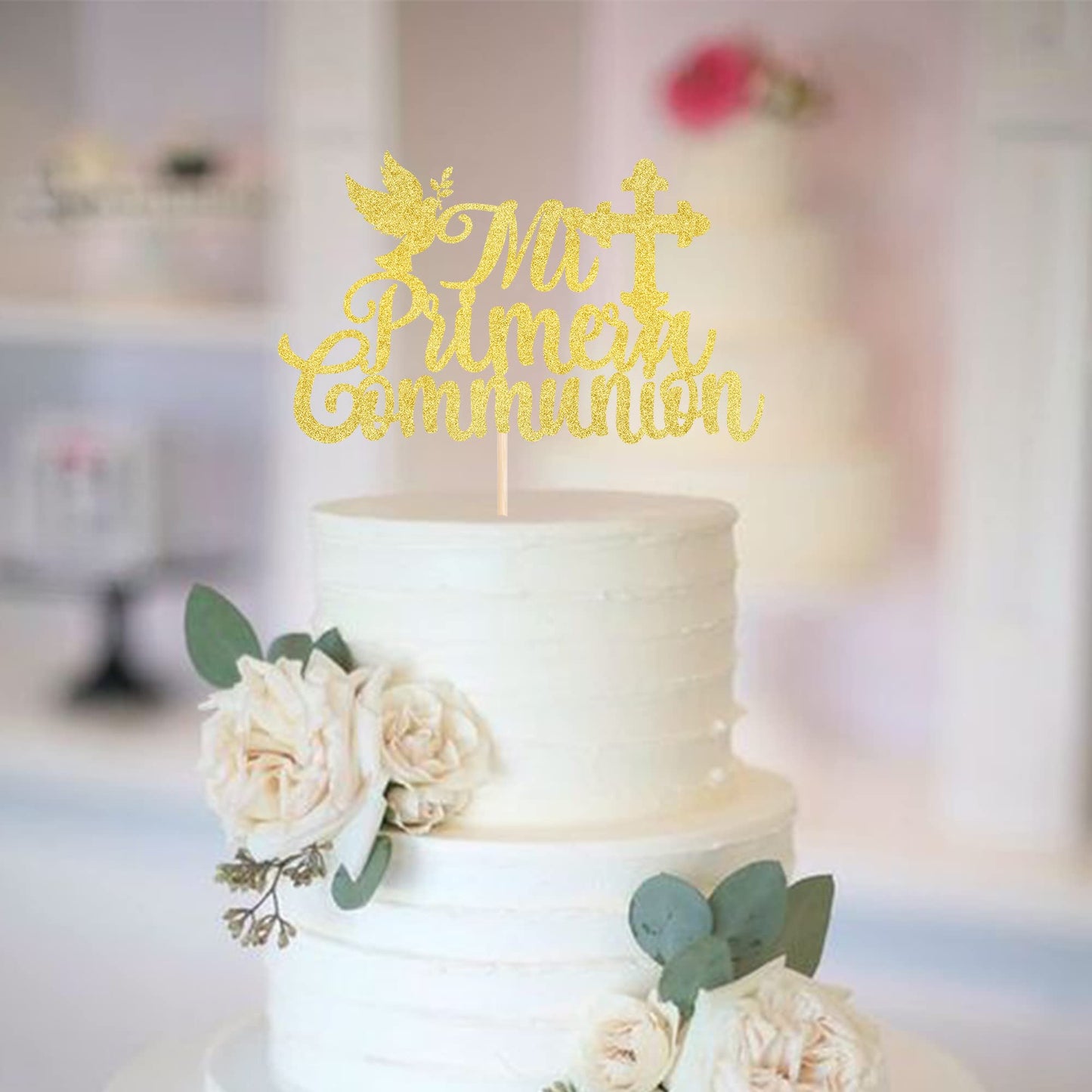 YCTHUNFISH Cake Topper Glitter First Holy Communion Decorations, Gold, Bamboo, 1 Pack