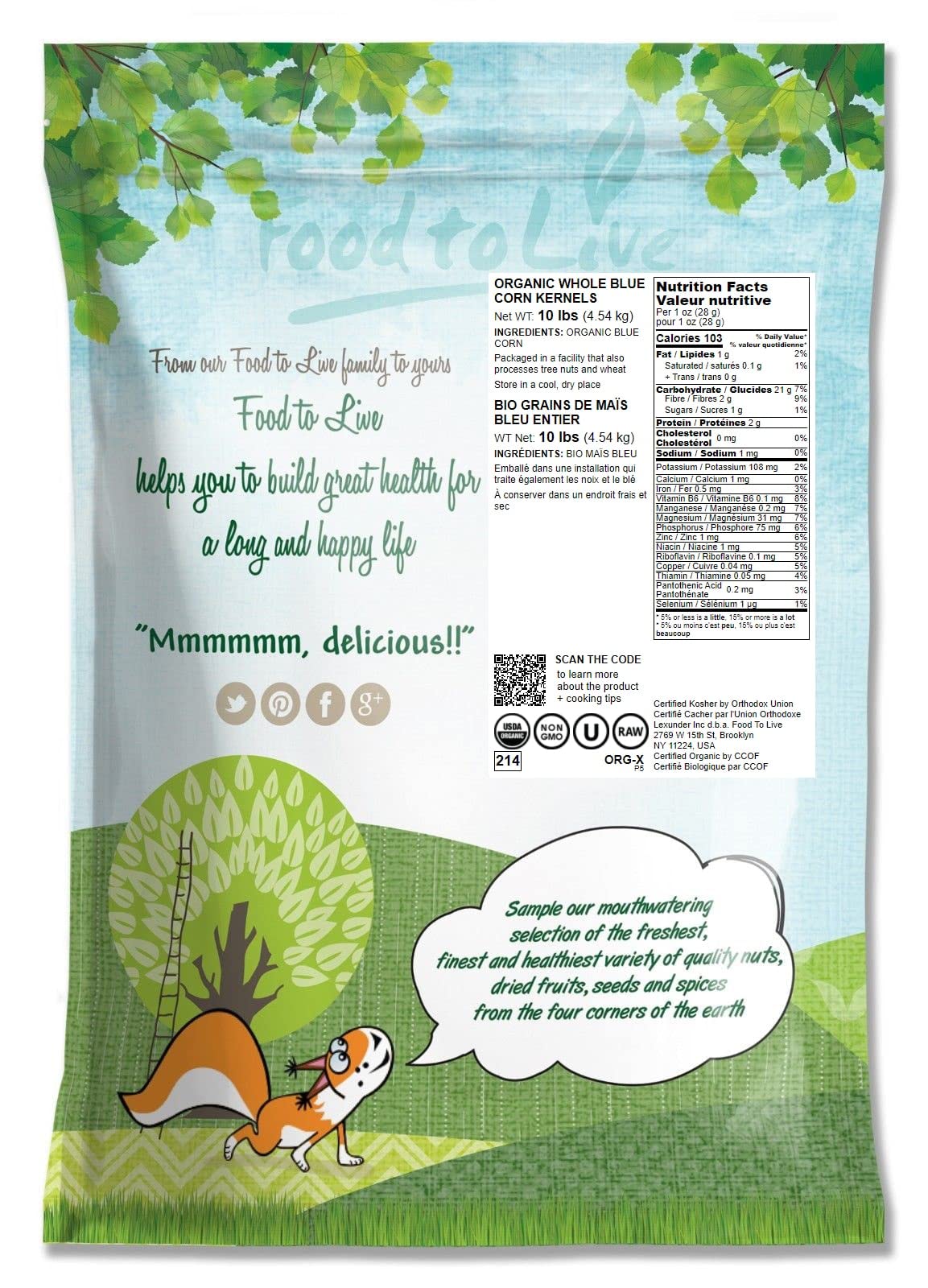 Organic Blue Corn Kernels, 10 Pounds - Non-Gmo, Whole Dried Kernels, Vegan, Bulk. Cereal Grain. Good Source Of Vitamin B6, Phosp