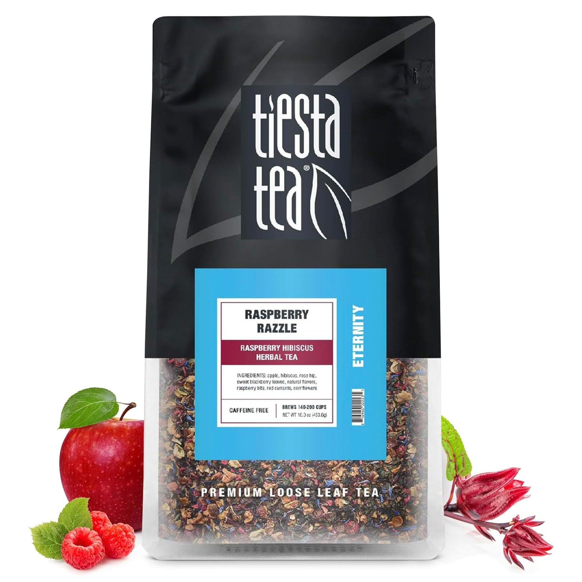 Tiesta Tea - Raspberry Razzle Tea  Loose Leaf  Raspberry Hibiscus Herbal Tea  Top-Grade Energy Blend-Free Tea Blend  Make Hot Or Iced & Up To 200 Cups  16 Oz Resealable Bulk Pouch