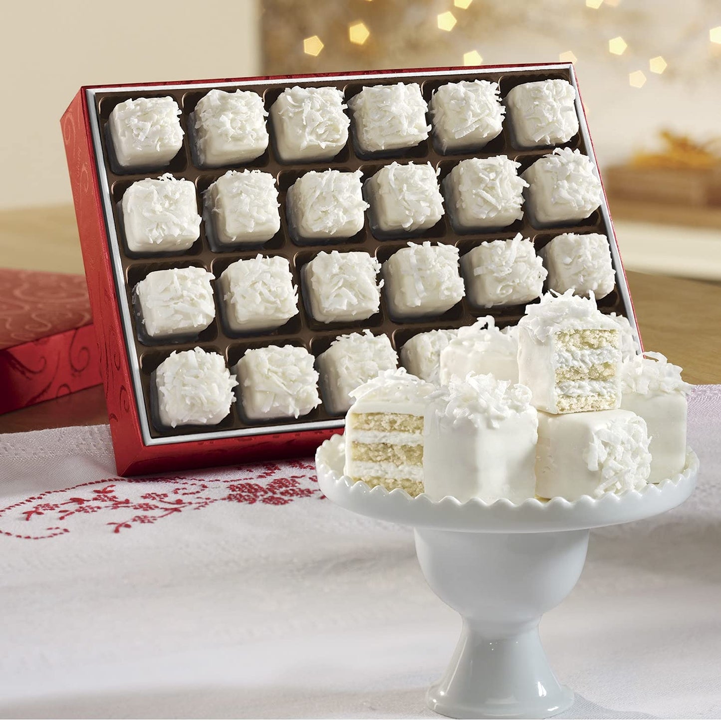 The Swiss Colony Coconut Petits Fours - Gourmet Mini Layer Cakes with Coconut Creme and Swiss Creme Icing  Holiday Cake Assortment Gift Pack of 24  Petits Fours Cakes for Dessert and Celebrating
