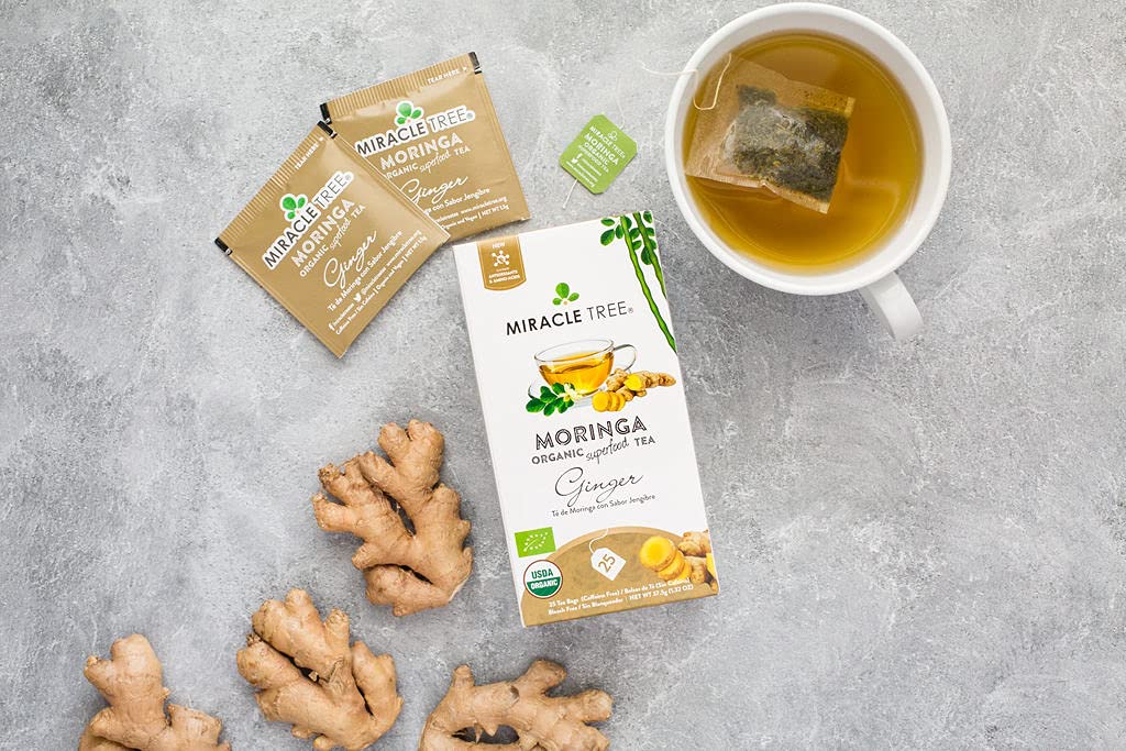Tree Organic Moringa Superfood Tea - 3 Pack, 25 Individually Sealed Bags, Ginger, Caffeine-Free, Vegan, Gluten-Free
