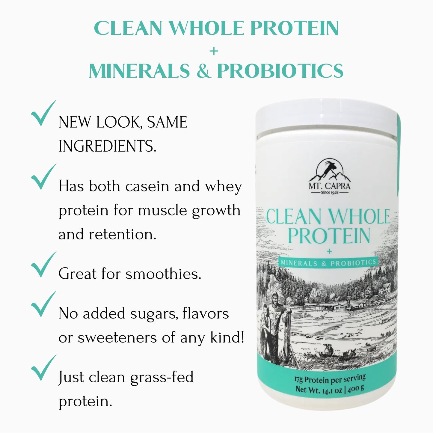 Mt. Capra Clean Whole Protein + Minerals & Probiotics | Grass-Fed Goat Milk Protein, Contains Casein and Whey Protein, No Sweete