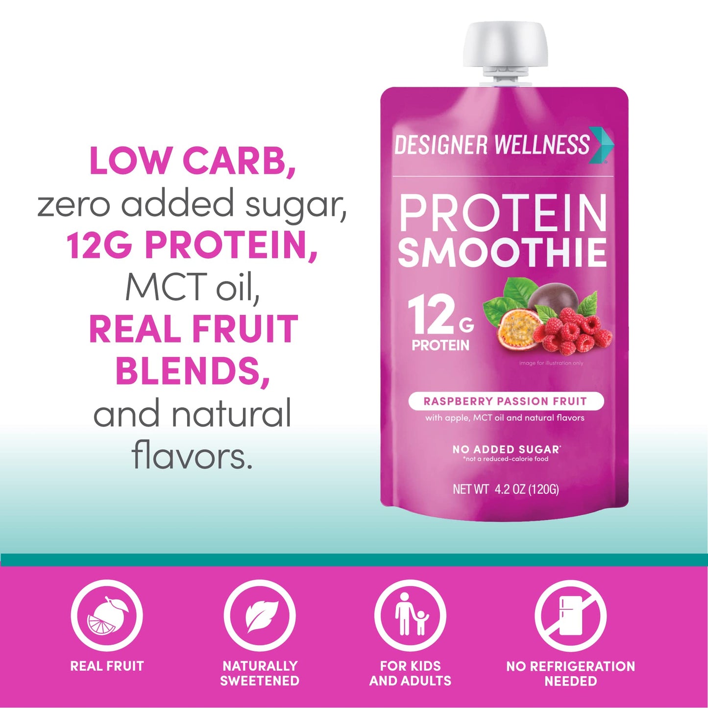 Designer Wellness Protein Smoothie, Real Fruit, 12g Protein, Low Carb, Gluten-Free, Raspberry Passion Fruit, 4.2 Fl Oz (Pack of 24)