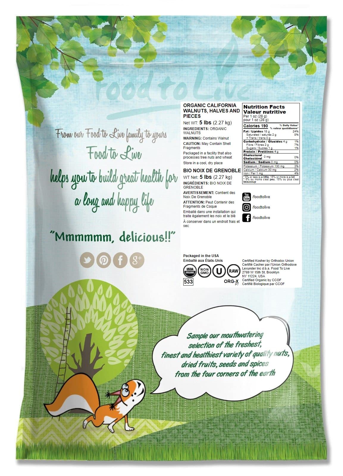 Organic California Walnuts Halves & Pieces, 5 Pounds - Non-Gmo, Raw, Unsalted, Shelled, Vegan, Kosher, Sirtfood, Bulk Snack. Hig