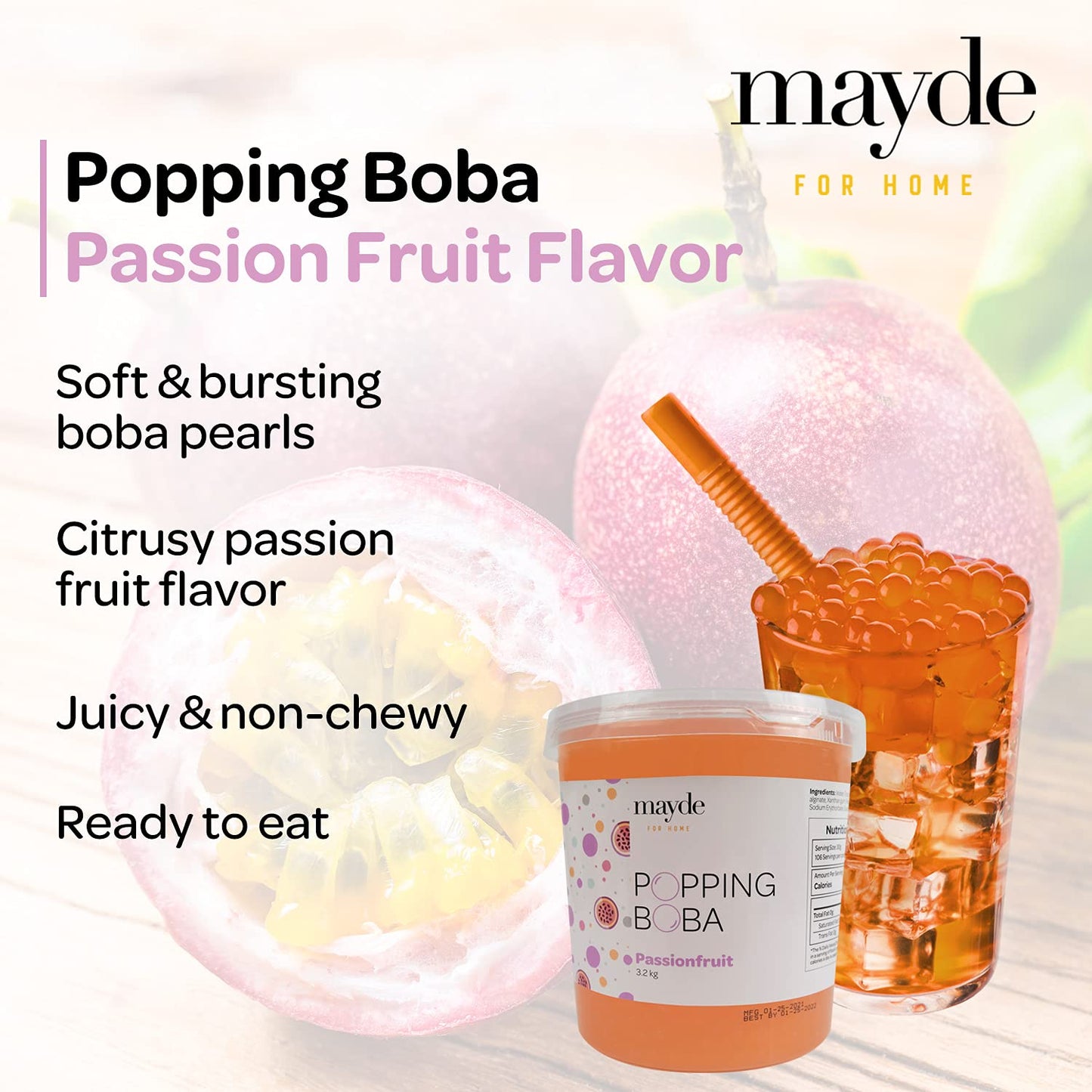 Mayde Popping Boba Pearls for Drinks, Desserts, & Breakfast Bowls (Passion Fruit Flavor, 7 Pounds)