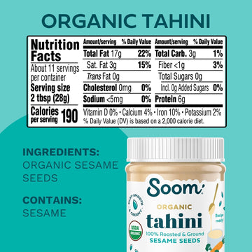 Soom Foods Organic Tahini 16Oz (1 Pack) | Roasted & Ground Sesame Seed Paste | Creamy Texture For Hummus, Sauces, Dips, Salad Dr