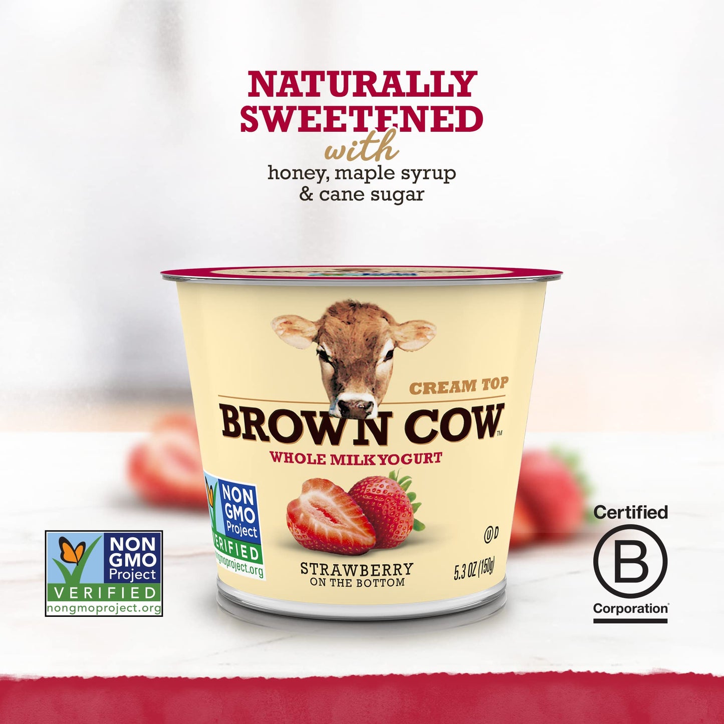 Brown Cow Cream Top Strawberry on the Bottom Whole Milk Yogurt, 5.3 oz. Cup- Creamy, Delicious Yogurt