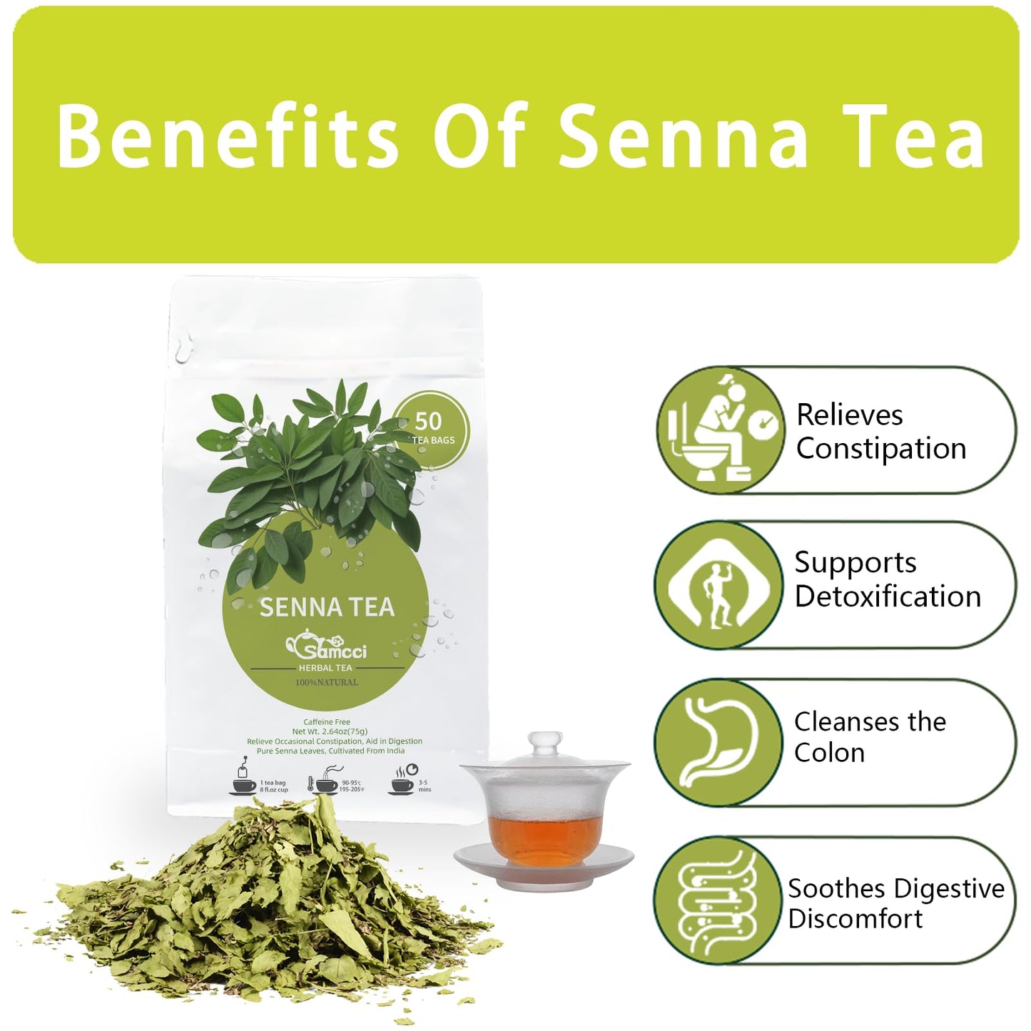 SAMCCI Senna Tea - 50 Teabags, Non-GMO, Caffeine-Free, Promotes Digestion, Colon Cleanse, 1.5g per Bag