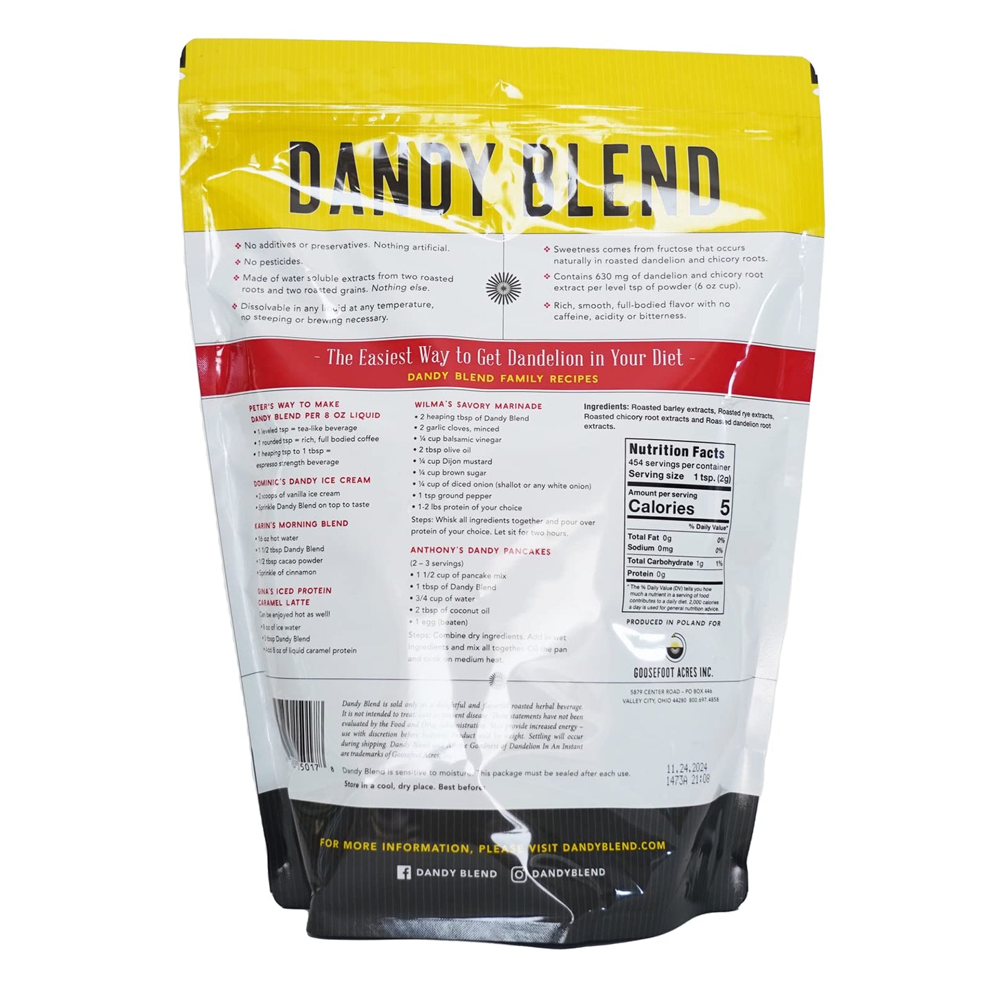 Dandy Blend Instant Herbal Beverage, Original, 32 oz (2 lbs), Model: 454 Cup Bag