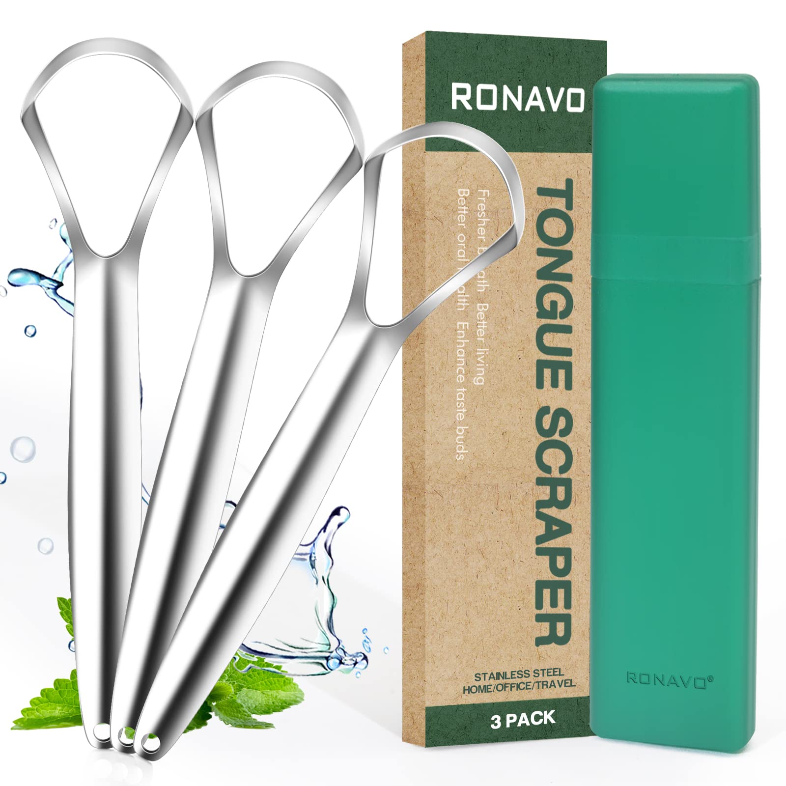 Tongue Scraper (3 Pack) With Travel Case For Oral Care, Reduce Bad Breath, Professional 100% Stainless Steel Tongue Cleaners For