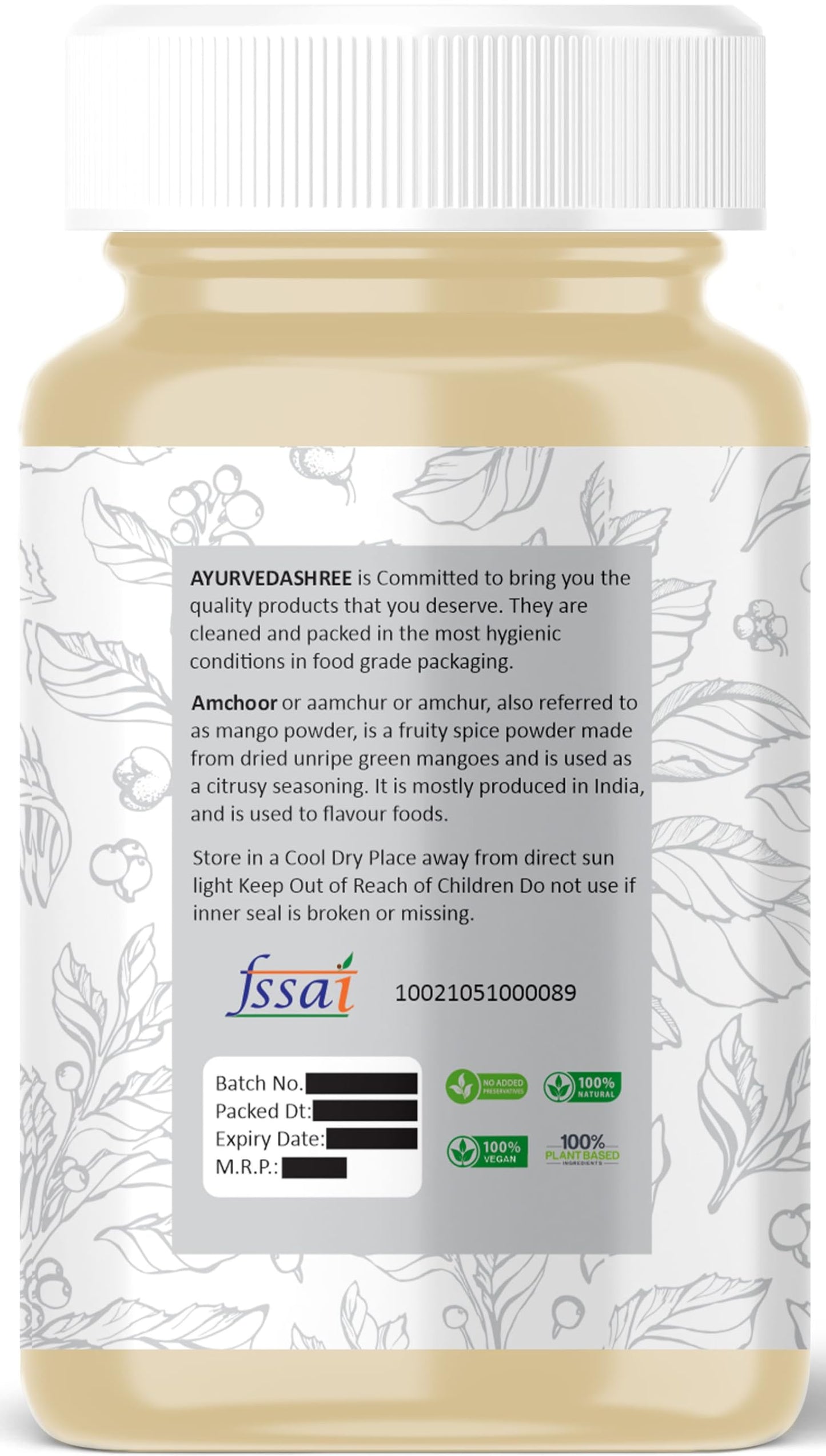 AYURVEDASHREE AMCHOOR POWDER 100g All Natural | Salt Free | Vegan | NON GMO | Amchur (Dried Mango) Ground | Indian Origin (Amcho