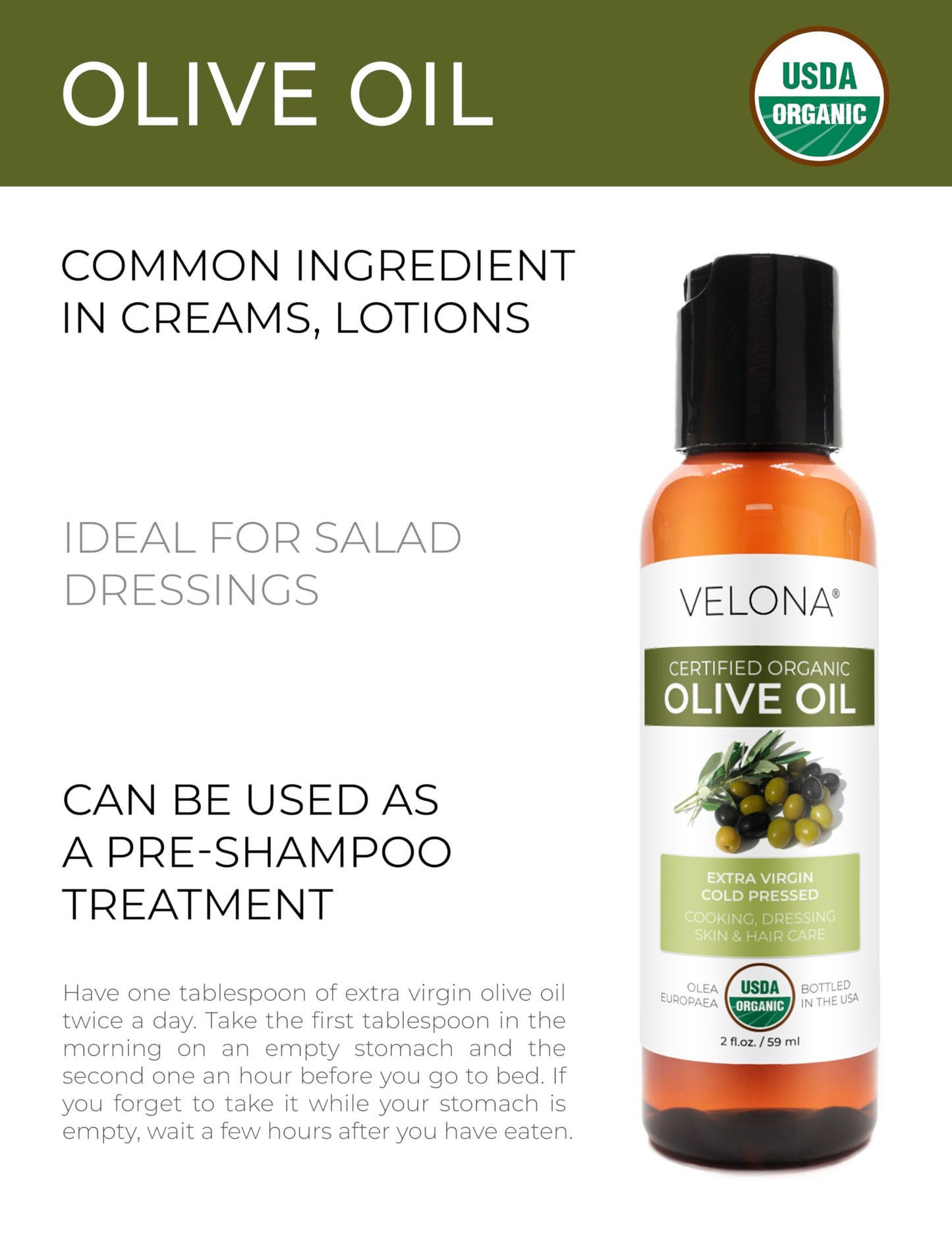 Velona Usda Certified Organic Olive Oil - 2 Fl Oz | 100% Pure And Natural Carrier Oil | Extra Virgin, Unrefined, Cold Pressed