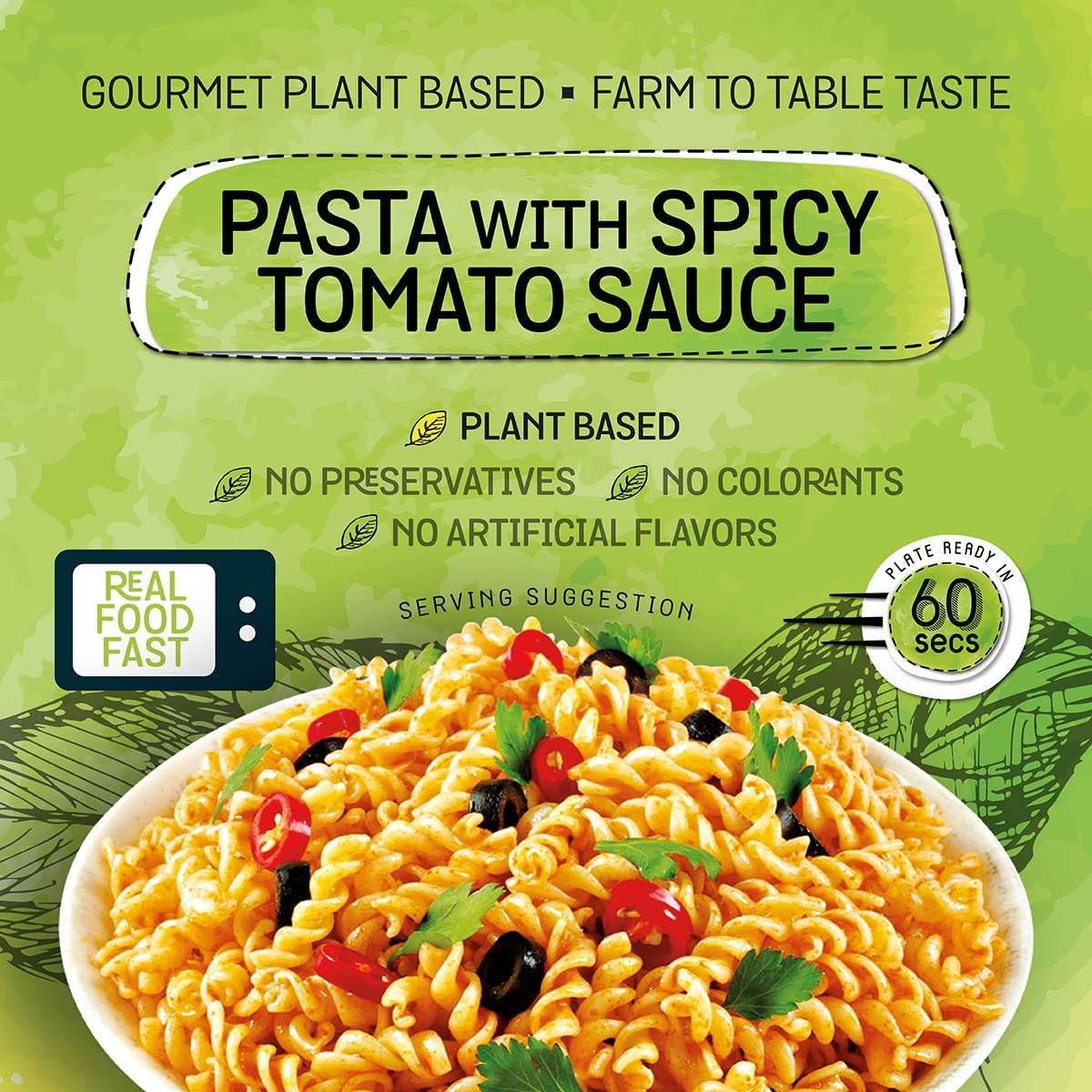 Mediterranean, Ready To Eat Pasta With Spicy Tomato Sauce, Plant Based, Vegan, No Preservatives, No Colorants, No Artificial Fla