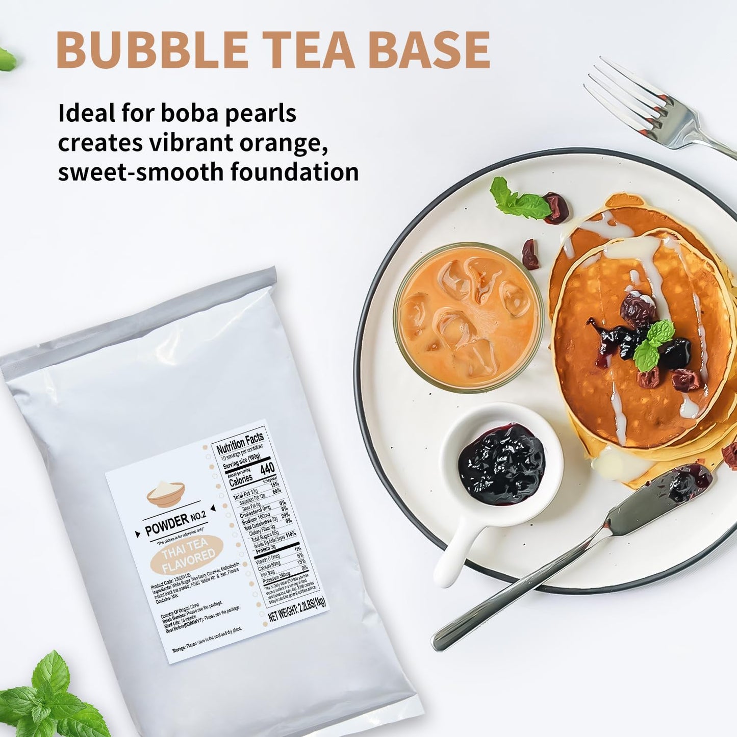 Soeos Thai Tea Flavored Powder, 2.2 lbs (1kg) - Instant Bubble Tea Mix with Creamer & Sugar, Easy to Prepare, Perfect for Boba D