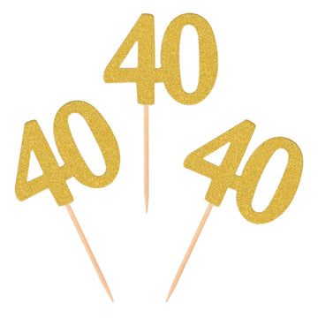 Donoter 40th Cupcake Toppers, Gold Glitter, 50 Count, Paper, Cake Picks for Birthday Anniversary Party Decoration