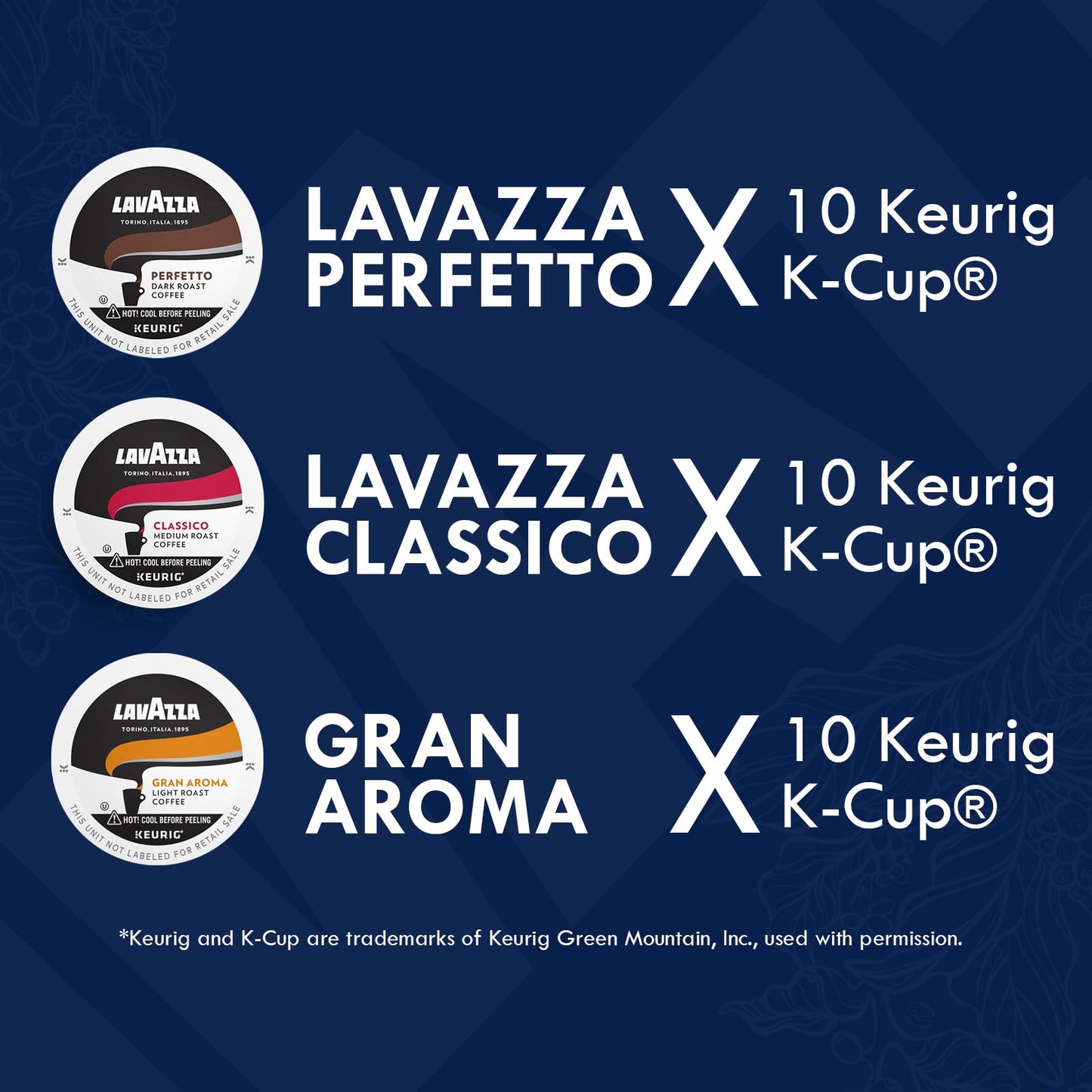 Lavazza K-Cups Coffee Pods Variety Pack - 30 Count - Classico, Perfetto & Gran Aroma - 100% Arabica - Light, Medium & Dark Roast