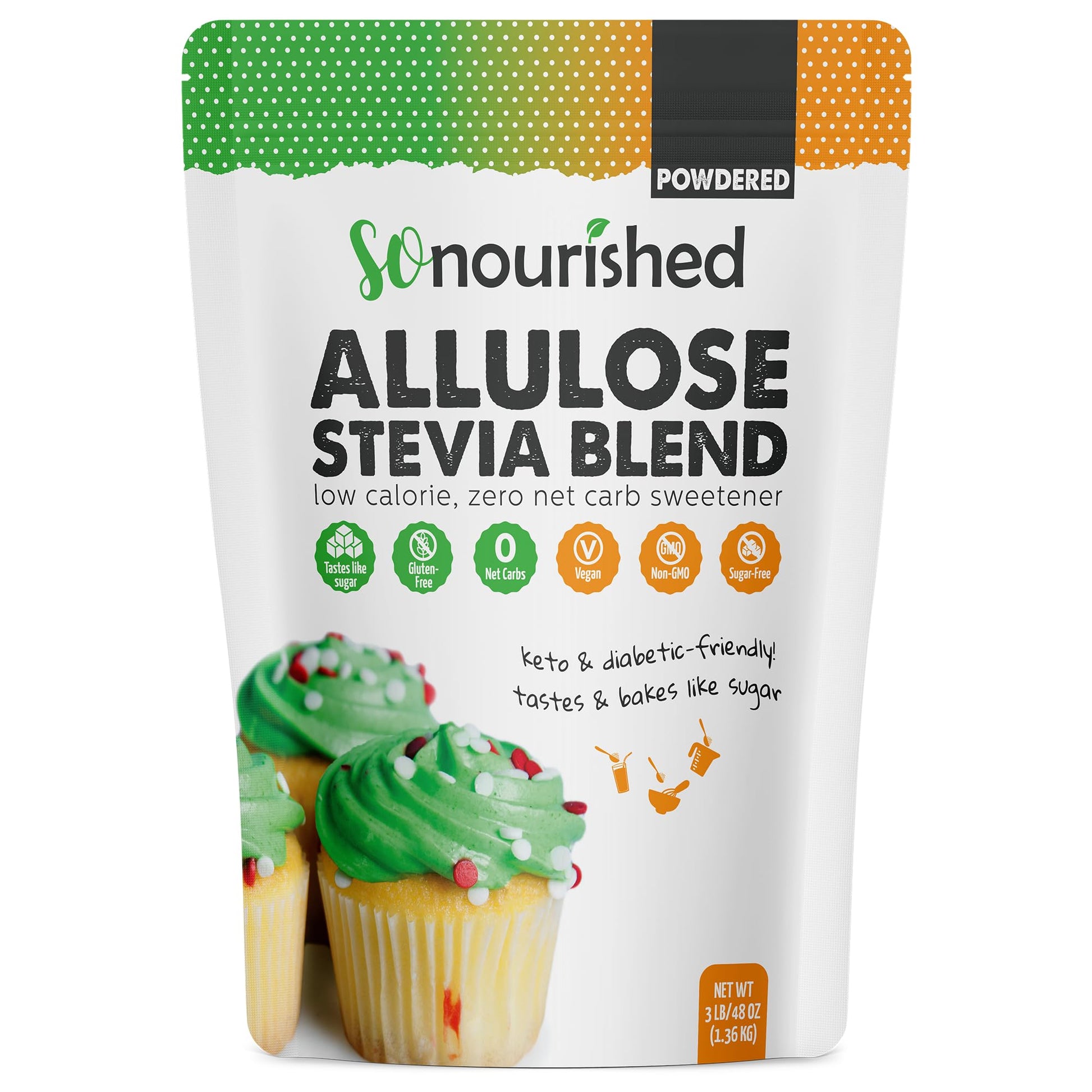So Nourished Stevia With Allulose Sweetener Powdered - 1:1 Sugar Substitute, Keto - 0 Calorie, 0 Net Carb, Non-Gmo (3 Lb / 48 Oz)