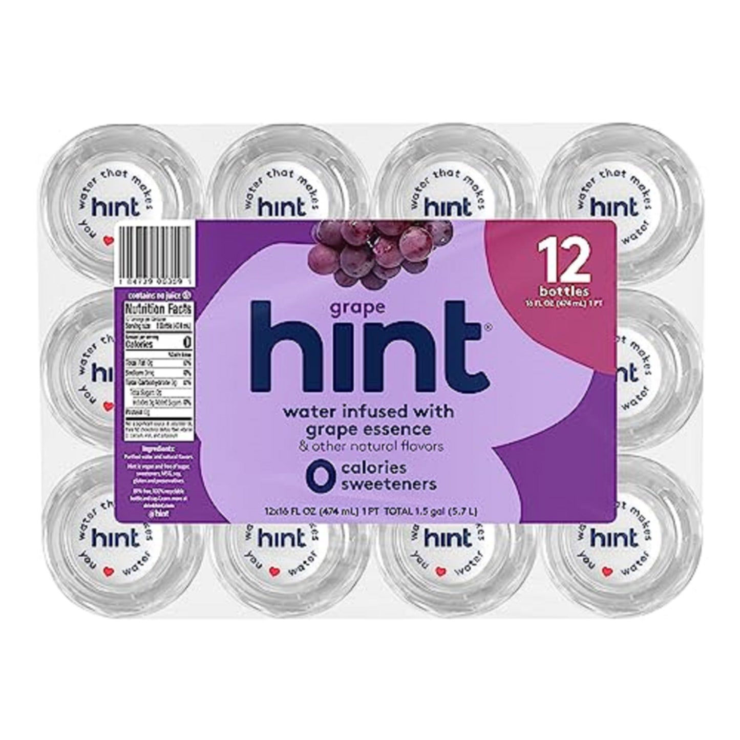 Hint Water Grape, Pure Water Infused With Grape, Zero Sugar, Zero Calories, Zero Sweeteners, Zero Preservatives, Zero Artificial Flavors, 16 Fl Oz (Pack Of 12)