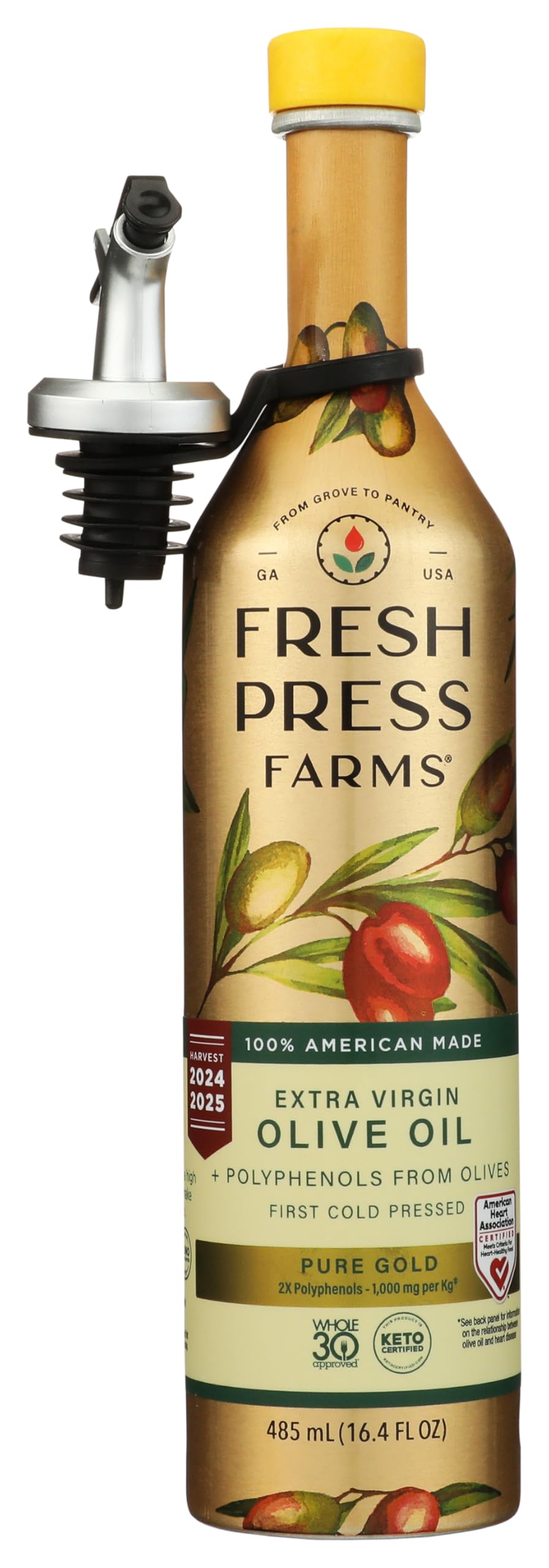 Fresh Press Farms Cold Pressed High Polyphenol Pure Gold Extra Virgin Olive Oil  16.4 Fl Oz  Georgia Grown  100% American Made  Unrefined  Certified Whole30  Non-GMO  Keto  Paleo  Gluten Free