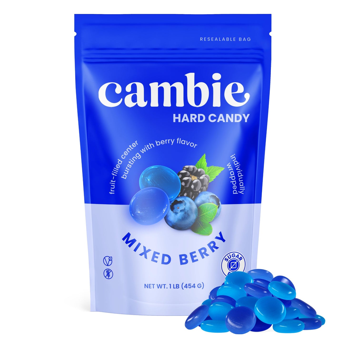 Cambie Sugar Free Mixed Berry Hard Candy - 1 lb Low Calorie Keto Friendly Snacks, Individually Wrapped, Resealable Pouch