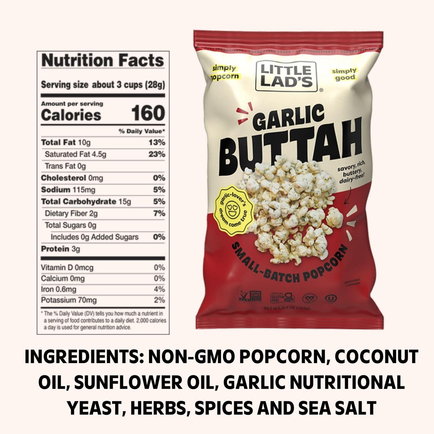 Little Lads Healthy Popcorn (Garlic Buttah) - Vegan, Gluten-Free, Non-Gmo Popcorn With Garlic Butter Flavor 5.4 Oz (Pack Of 3)