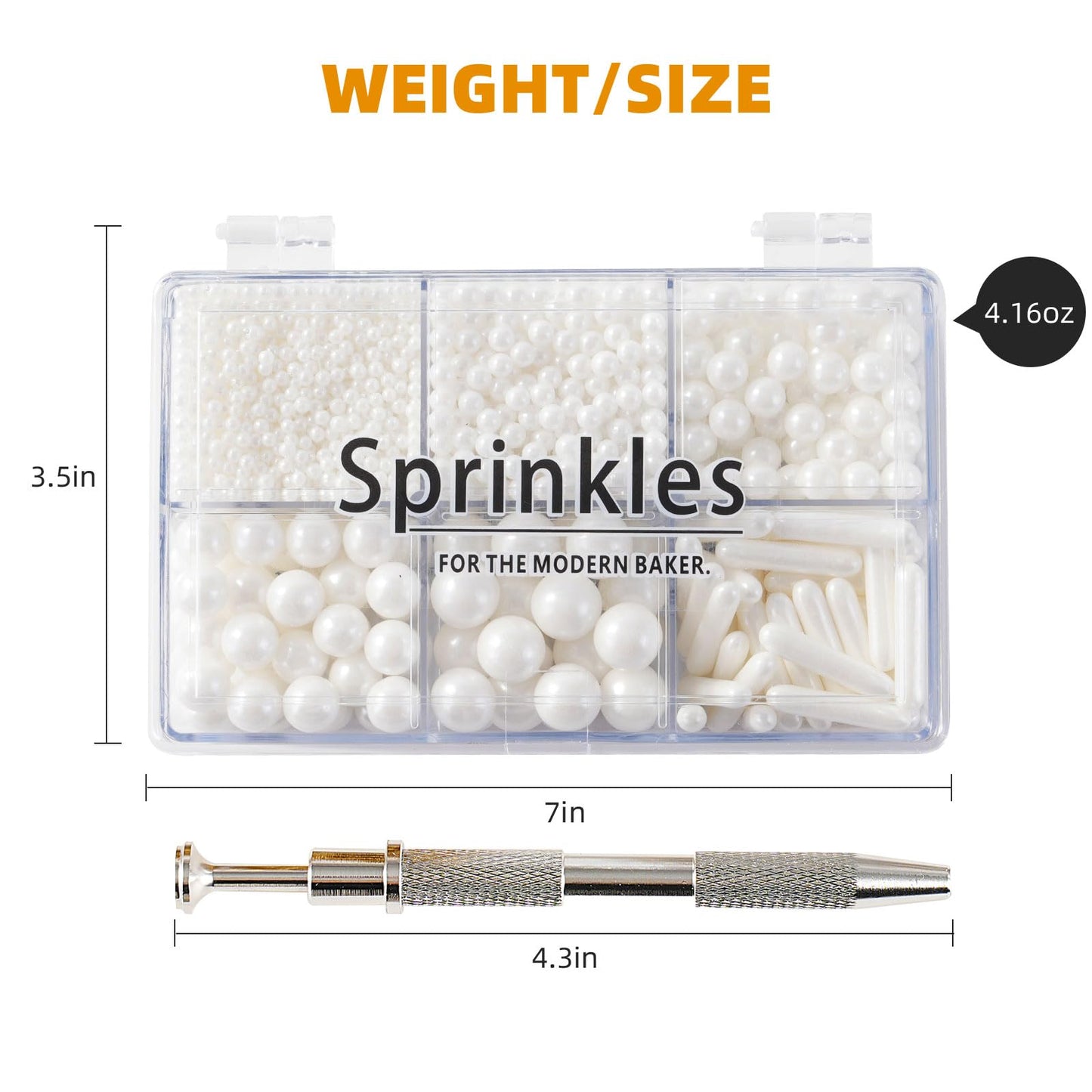 Kasvan White Mix Sugar Sprinkles - Edible Candy Pearls With 4-Claw Sprinkle Pen,118G/4.16 Oz, Gift Box Pack, Baking Cake Decorat