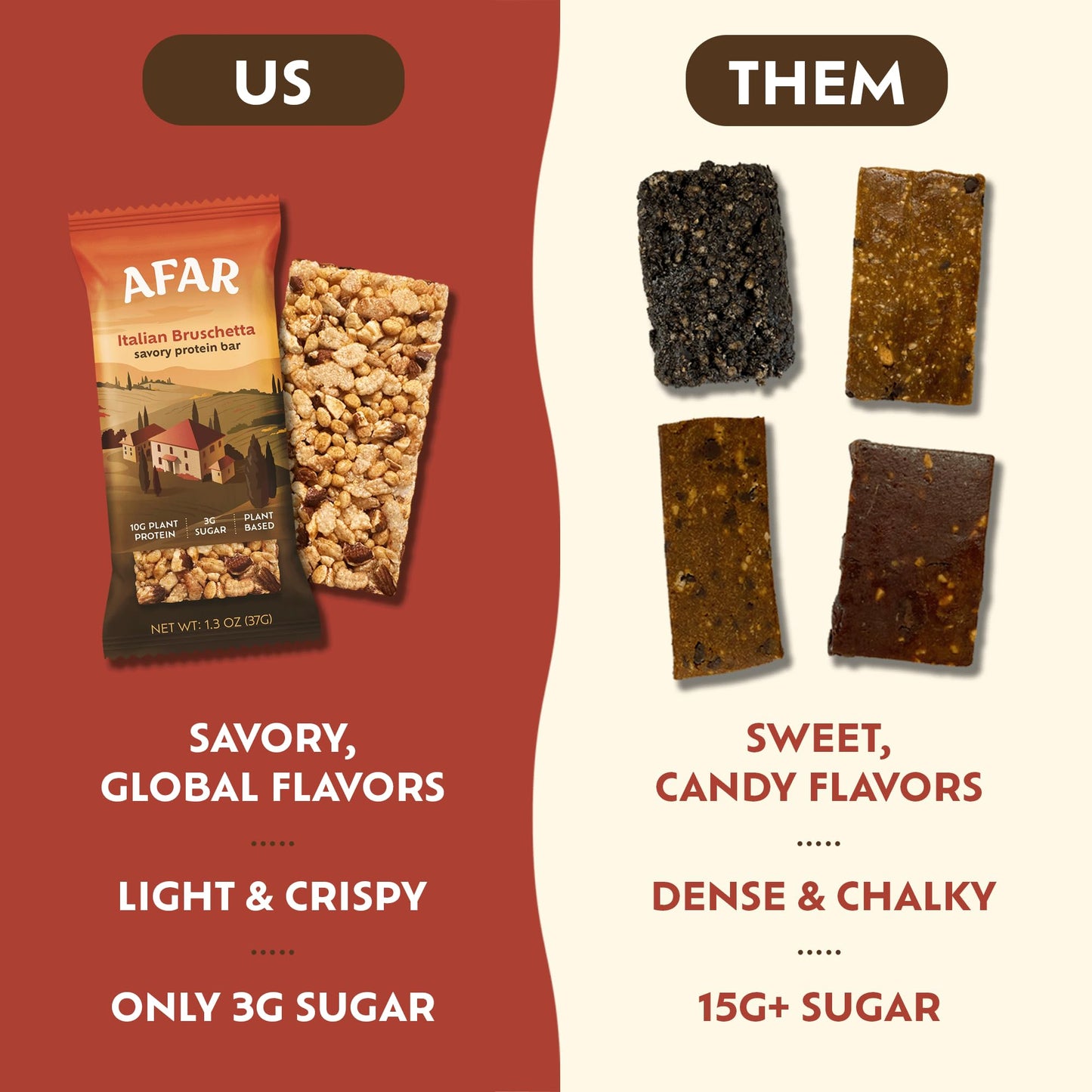 Afar Savory Protein Bars - Low Sugar, High Protein, Vegan, Gluten Free - 8 Pack, Rice Crispy Texture, Reddish-Orange