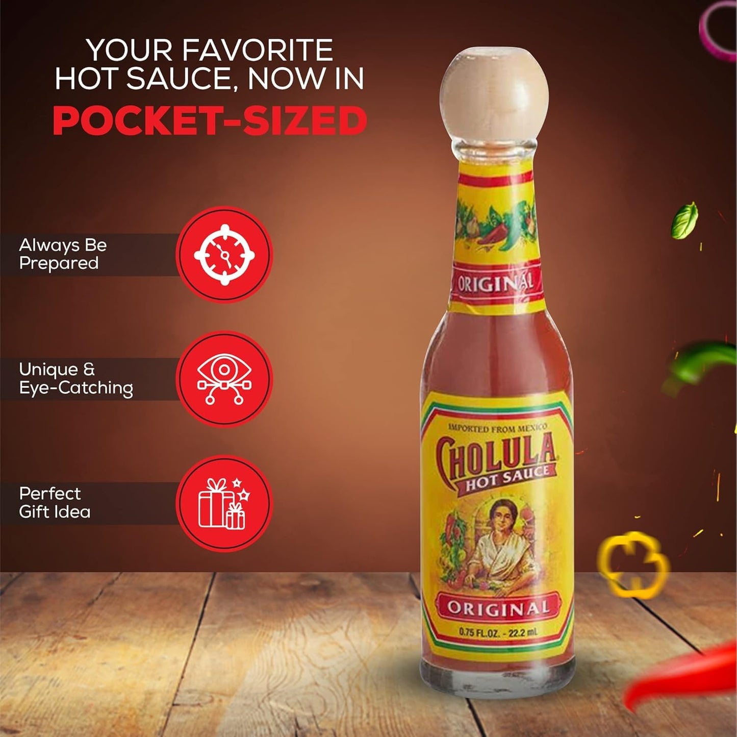 Cholula Hot Sauce Keychain - Portable 0.75 Oz Mini Bottle With Custom Holder - Travel Size Cholula Bottle - On-The-Go Spicy Flav