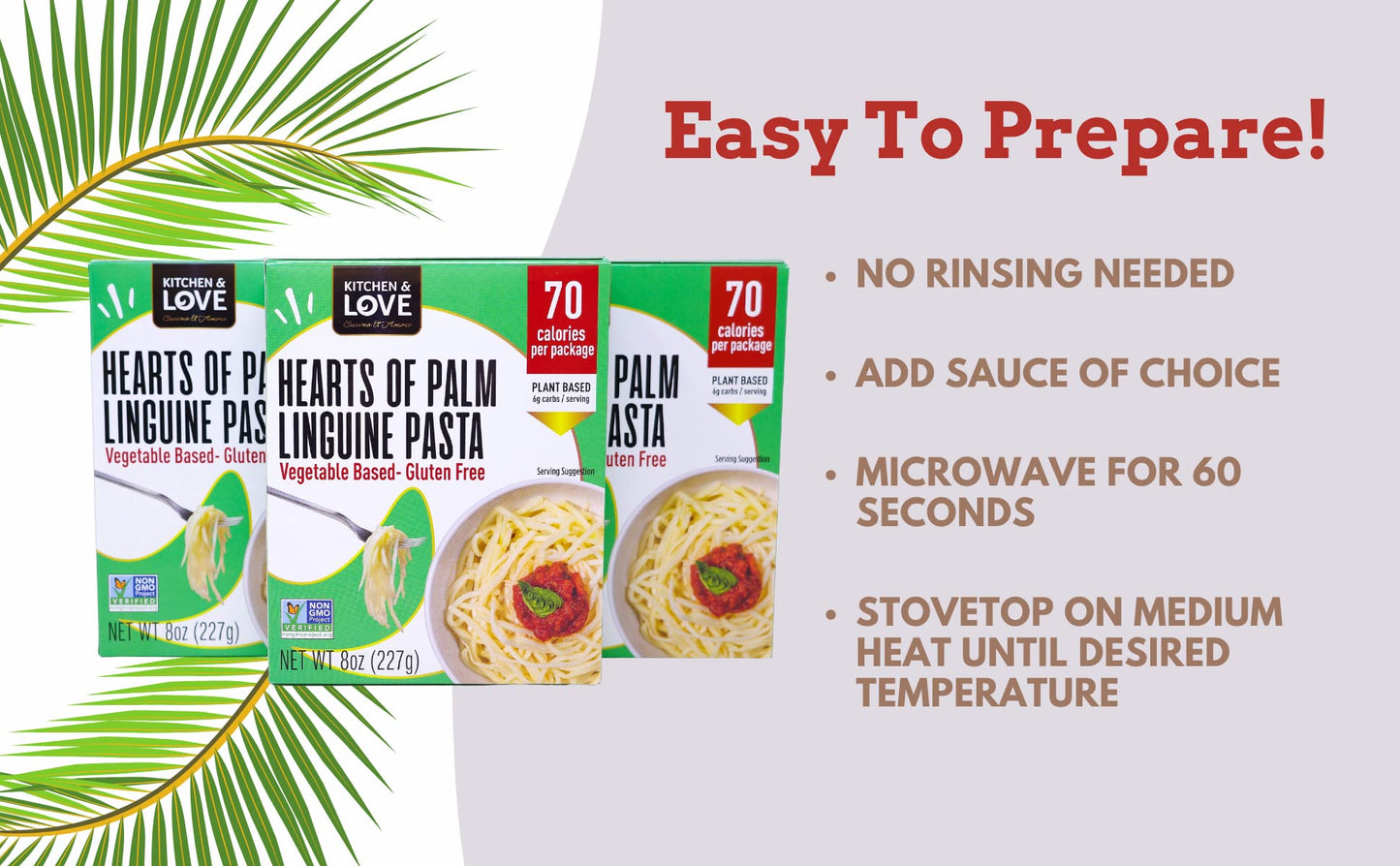 Kitchen & Love Hearts Of Palm Linguine, Low Carb, Low Calories, Plant Based, Non Gmo, Gluten Free Pasta Alternative, Vegan, Easy
