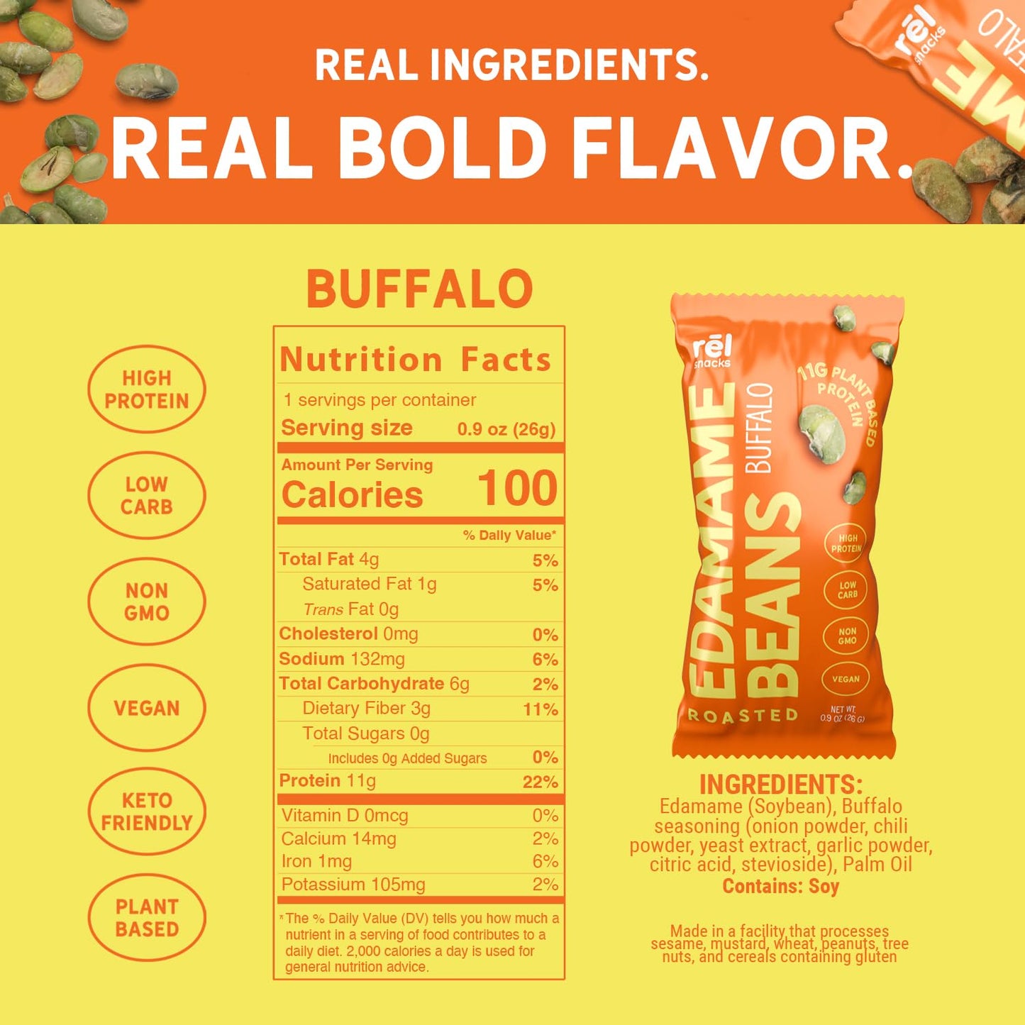 Rel Snacks Buffalo Roasted Edamame - High Protein Low Carb Snack (11g Protein per Serving) - Keto-Friendly, Vegan, Non-GMO - 10-