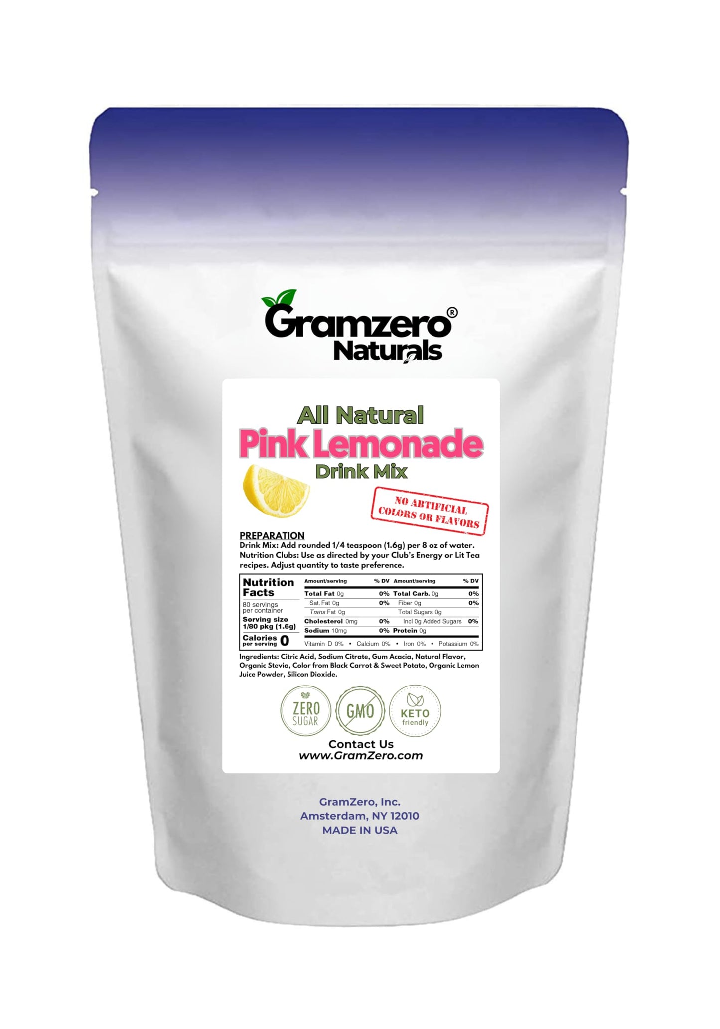 Gramzero All Natural Pink Lemonade Zero Calorie Sugar Free Drink Mix, Great For Nutrition Club Loaded Tea, Stevia Sweetened