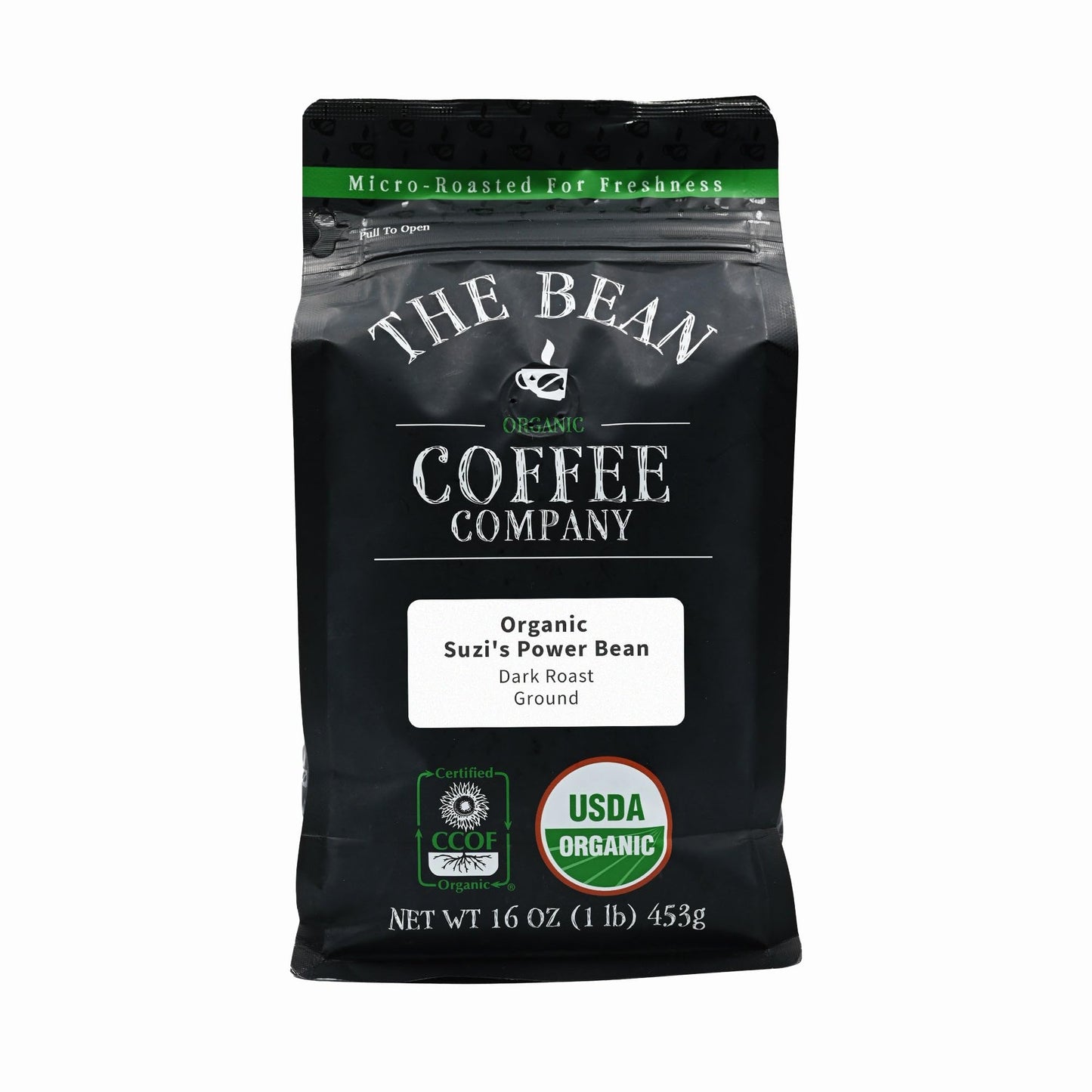 The Bean Organic Coffee Company Suzis Power Bean, Dark Roast, Ground Coffee, 16-Ounce Bag, Caf   molido tostado org  nico