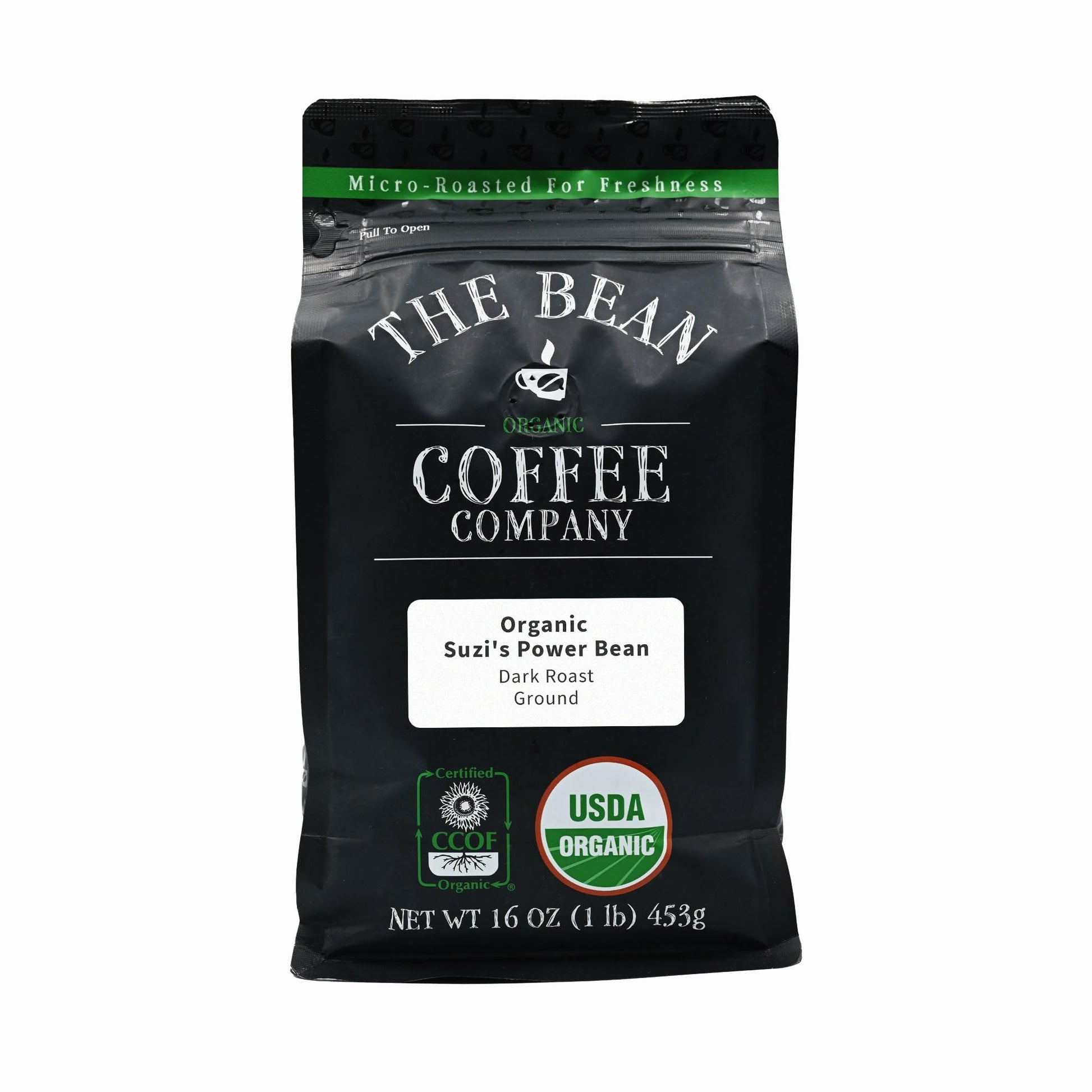 The Bean Organic Coffee Company Suzis Power Bean, Dark Roast, Ground Coffee, 16-Ounce Bag, Caf   molido tostado org  nico