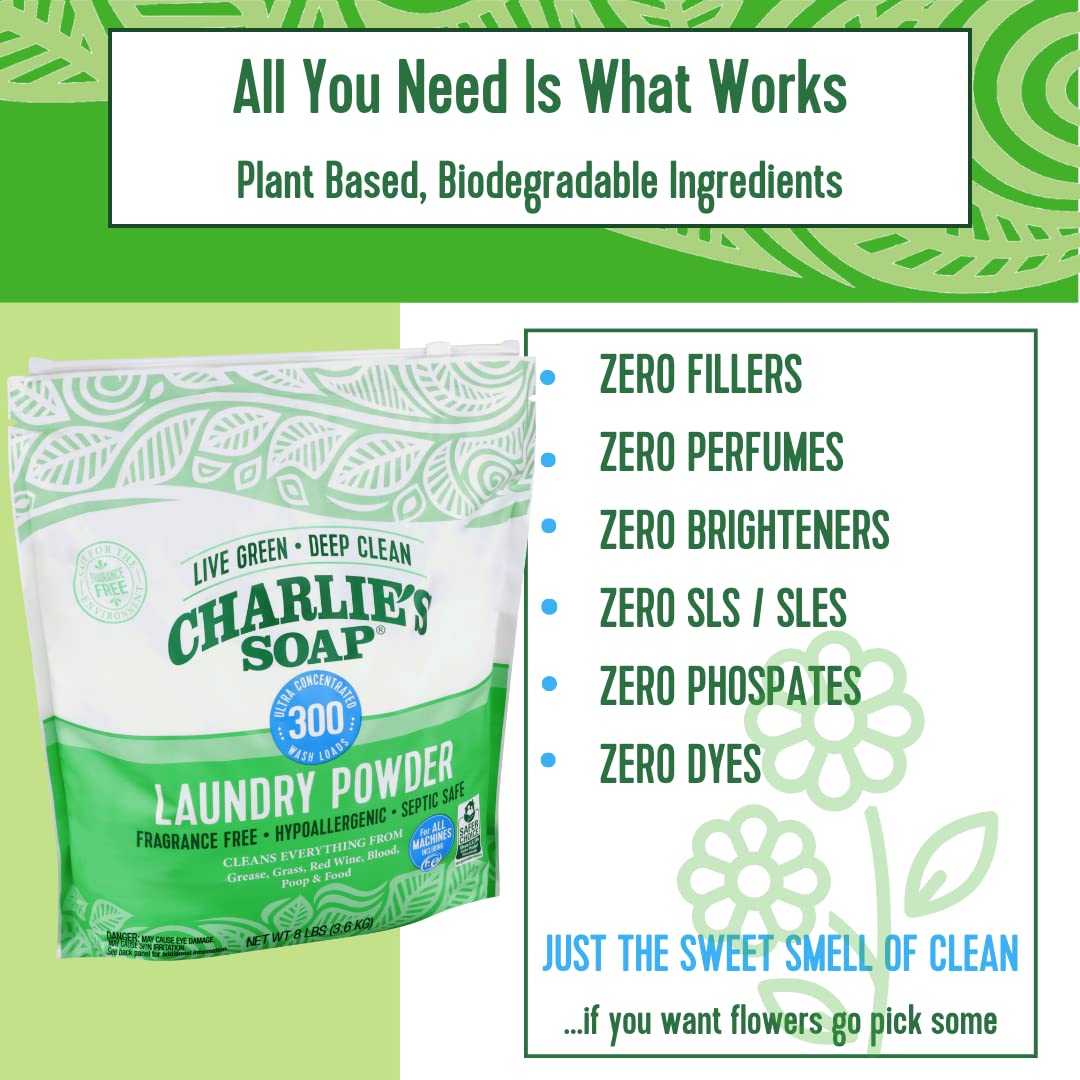 Charlies Soap Hypoallergenic Laundry Powder 8Lb Bag, Pack Of 2, 600 Loads Total, Deep Cleaning Washing Powder Detergent - Eco-Fr