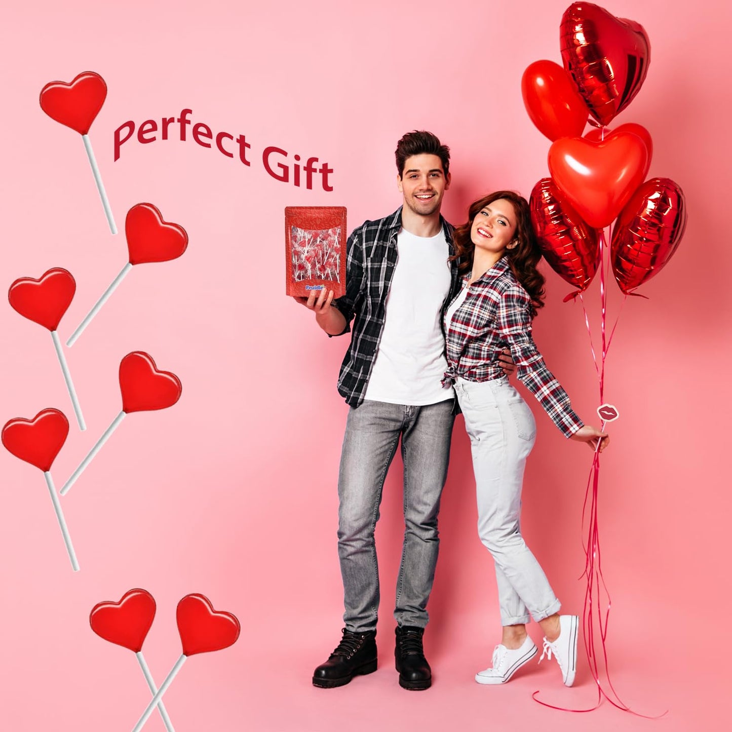 Fruidles Valentines Heart Lollipops, Red Heart Shaped Candy, Individually Wrapped, 12g Each, Approx. 90 Pops, 2 Pounds