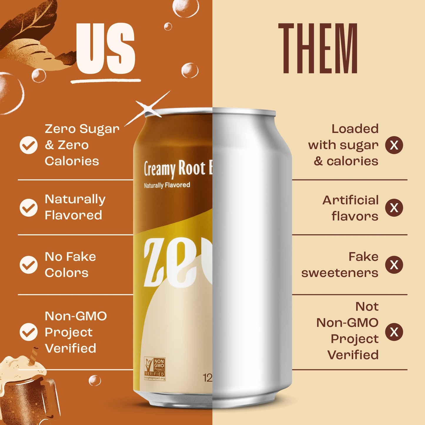 Zevia Zero Sugar Soda, Creamy Root Malt-Inspired, 12 Oz Cans (24-Pack) – Naturally Sweetened, Non-Gmo Project Verified, Gluten-Free, Vegan