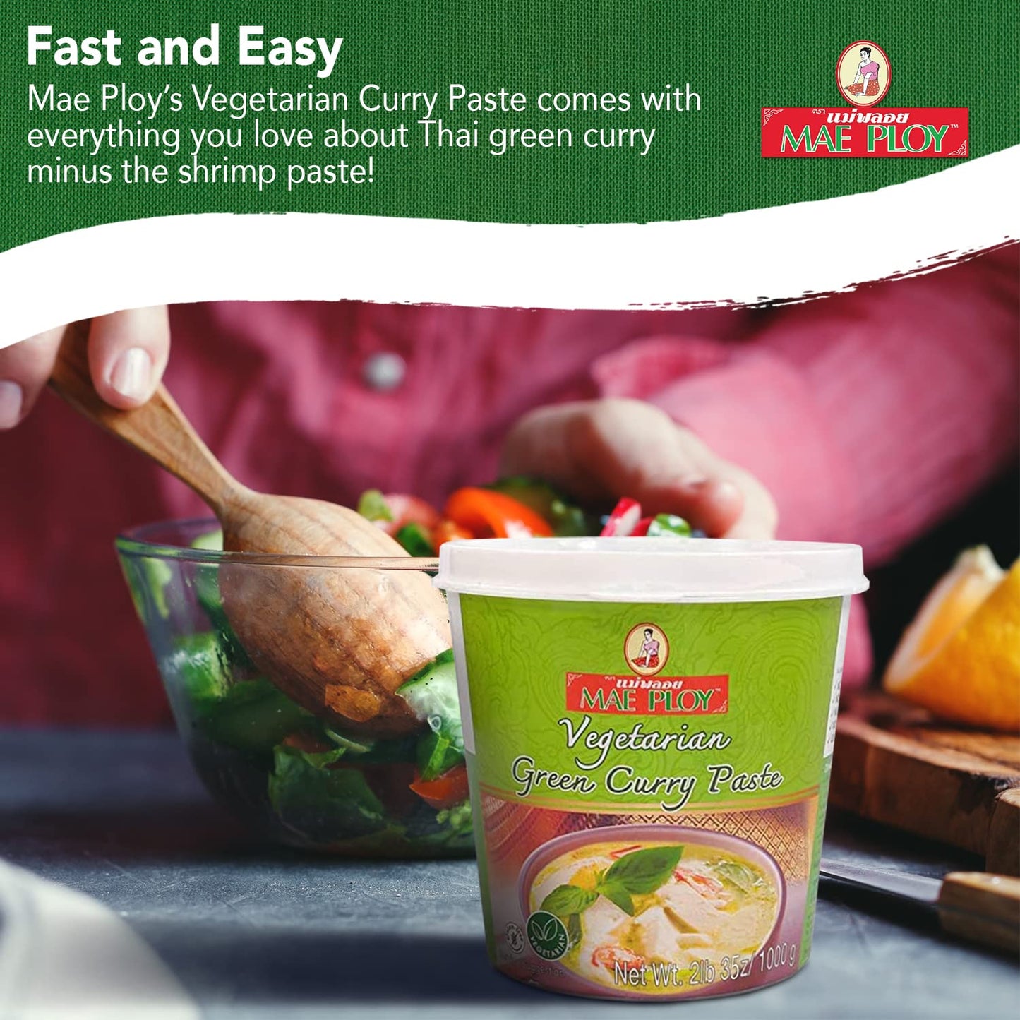 Mae Ploy Vegetarian Green Curry Paste, Authentic Thai Spices, 35 oz Tub, No MSG, Preservatives, 2.18 lb