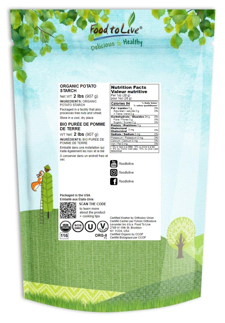 Food to Live Organic Potato Starch, 2 Pounds - Unmodified Powder, Non-GMO, Pure Flour, Kosher, Vegan, Bulk, Great for Cooking, B