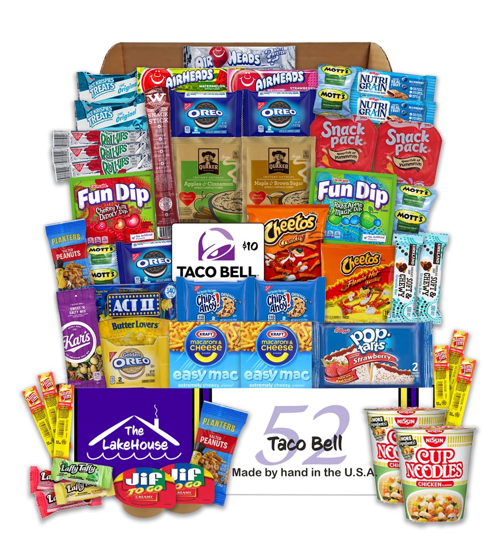 Lakehouse Student 52 College Care Package With Taco Bell Gift Card - College Essentials Snack Box - College Snack Boxes Care Pac